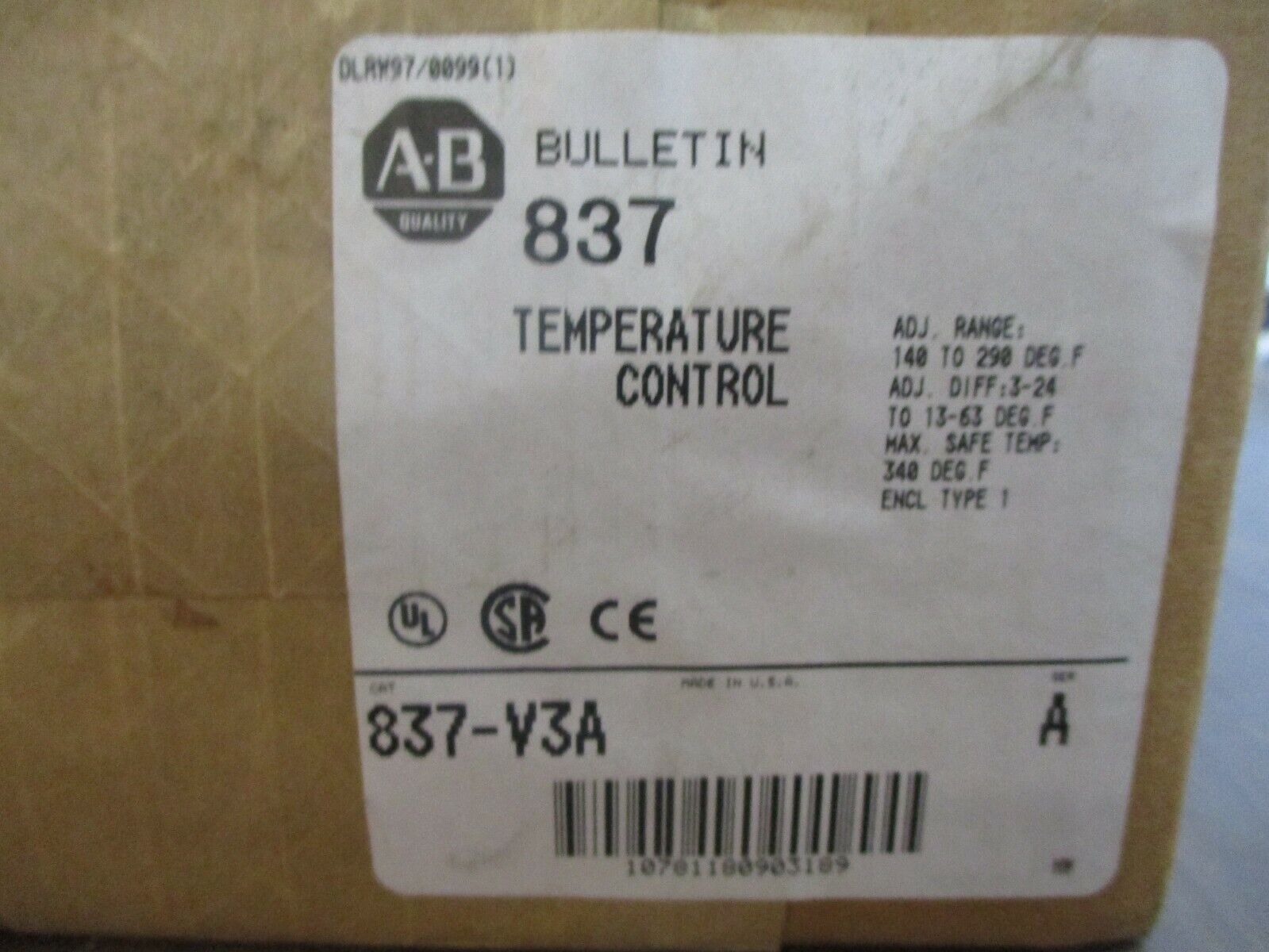 Allen-Bradley Temperature Control 837-V3A Ser. A Range: 140-290°F New Surplus