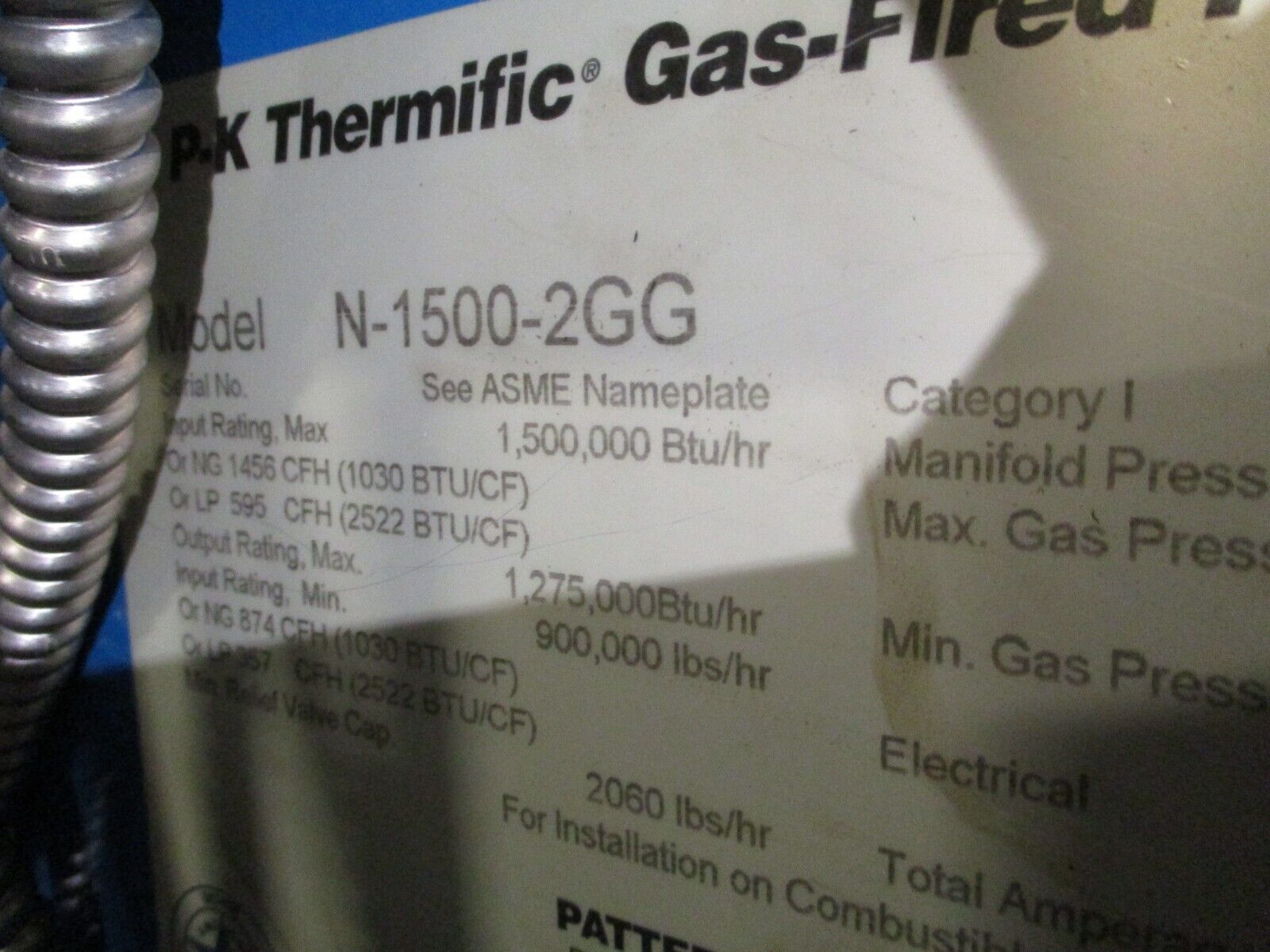 P-K Thermific Boiler N-1500-2GG Natural Gas 1,500,000 BTU 120V 60Hz 1Ph Used