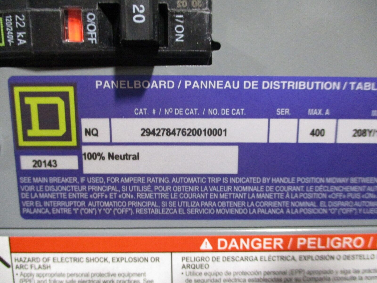 Square D Main Lug NQ Panelboard Interior w/ Box & Cover 400A 208Y/120V 3Ph 4W