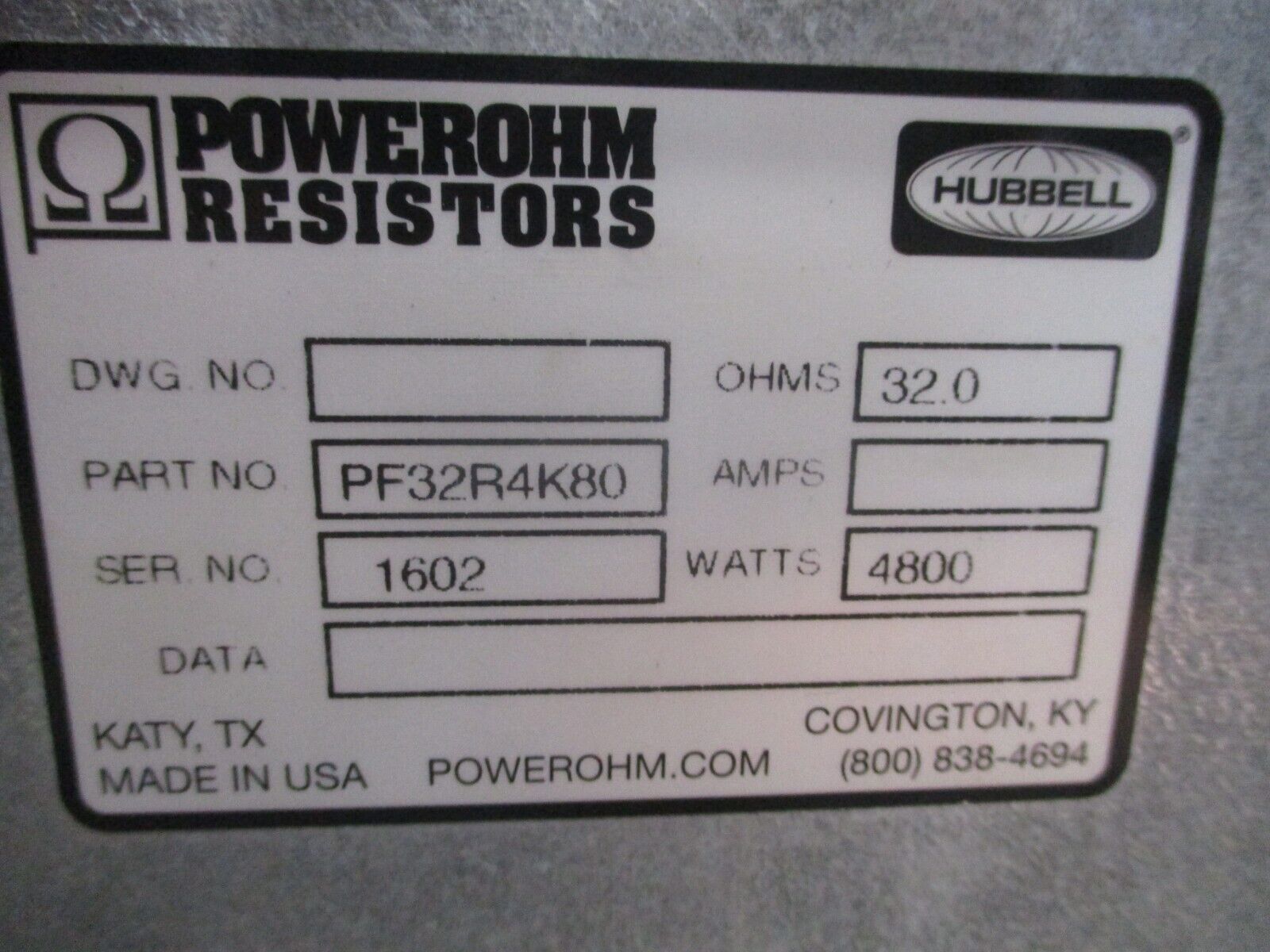 Hubbell Powerohm Braking Resistor PF32R4K80 4800W 32.0 Ohms *No Cover Screws*