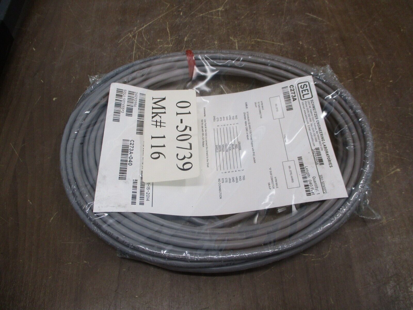 SEL Cable C273A-040 Length: 40ft 9-Pin Male D-Sub Connectors New Surplus