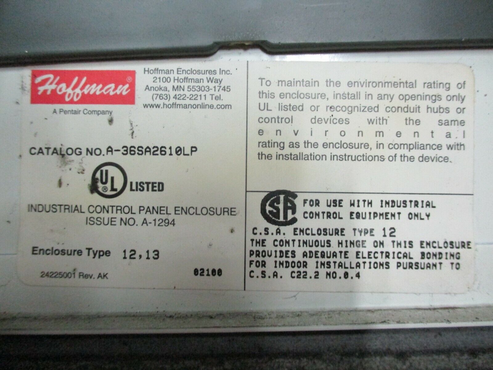 Hoffman Disconnect Enclosure A-36SA2610LP 30A 600V Type 12,13 Used