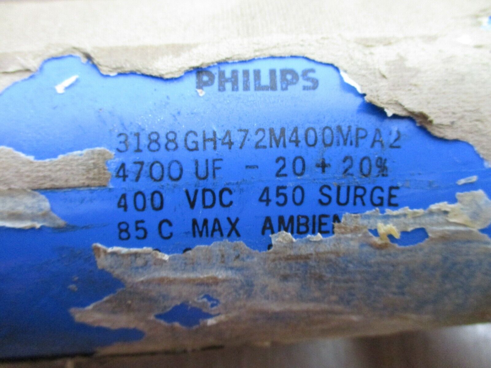 Philips Capacitor 3188GH472M400MPA2 4700UF 400VDC *Torn Plastic* Used