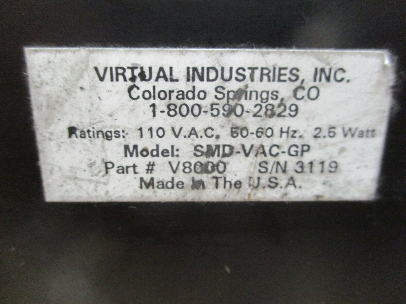 Virtual Industries SMD-VAC-GP Vacuum Handling Tool V8000 110V 50-60Hz 2.5W Used