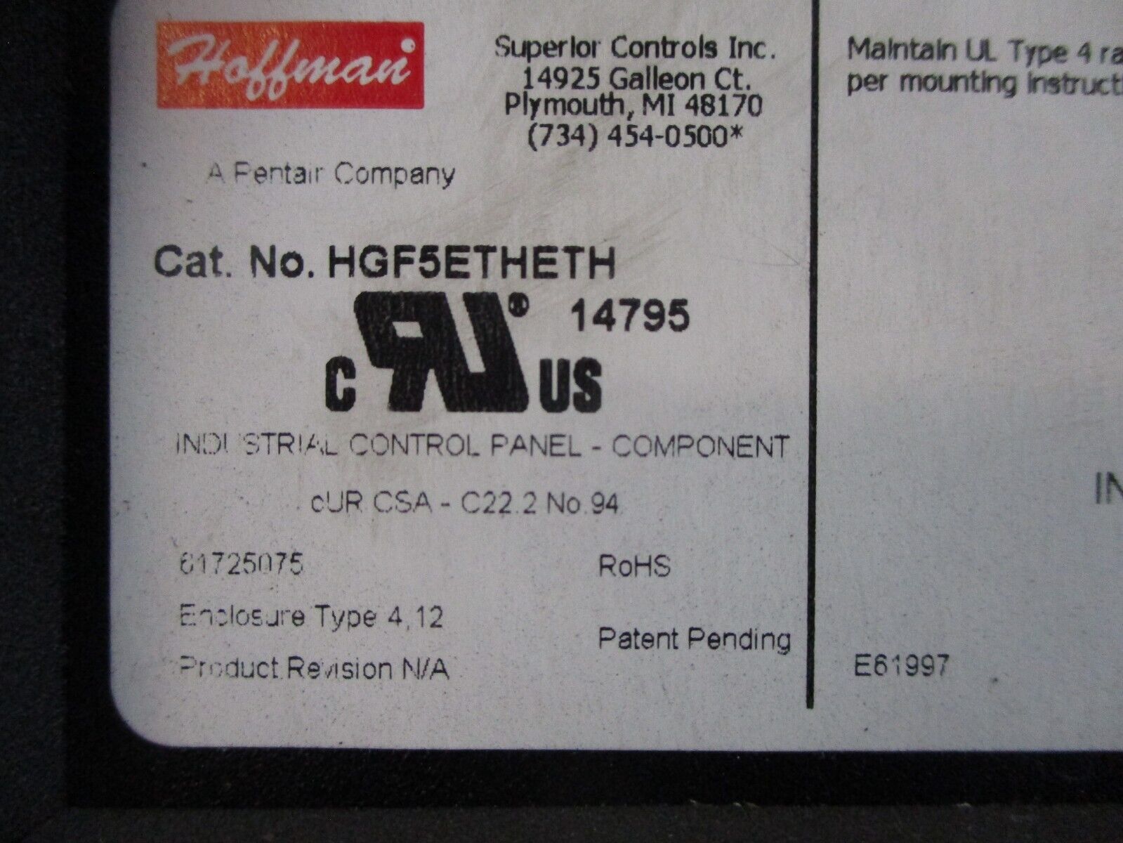 Hoffman Data Interface Panel HGF5ETHETH Type 4, 12 Enclosure Used