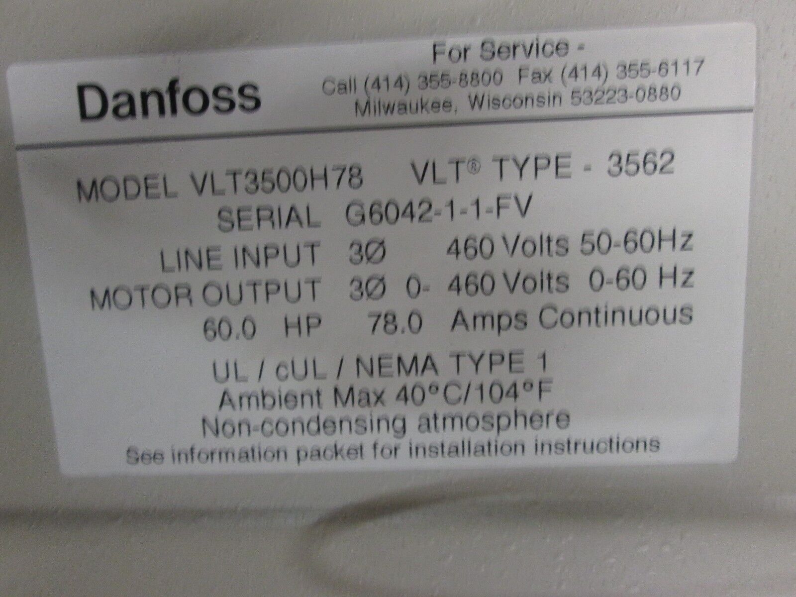 DanFoss / Graham  AC Drive w/ Bypass  17527371  60HP Used