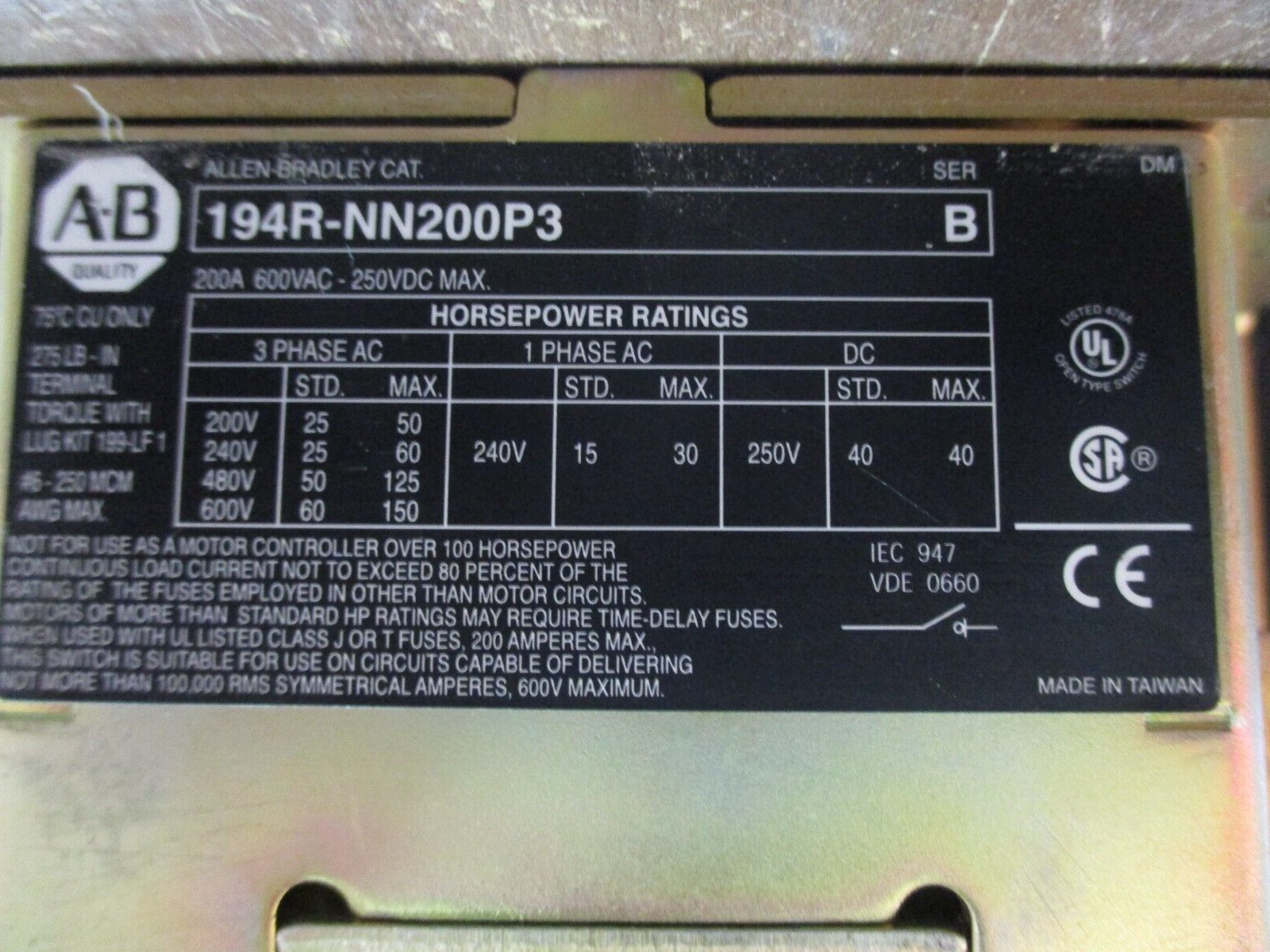 Allen-Bradley Fusible Disconnect Switch 194R-NN200P3 Ser. B 200A 600V 3P Used