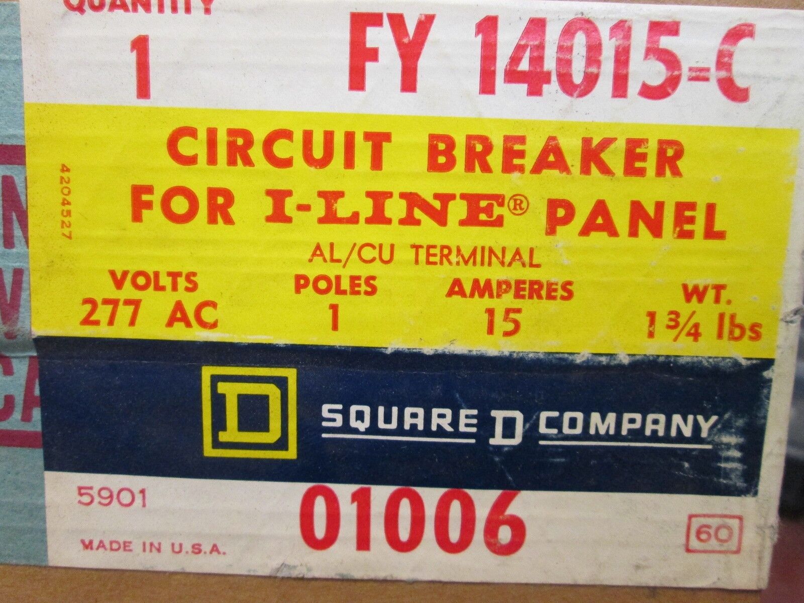 Square D Circuit Breaker FY 14015-C 15A 277V AC 1P Lug to I-Line New Surplus