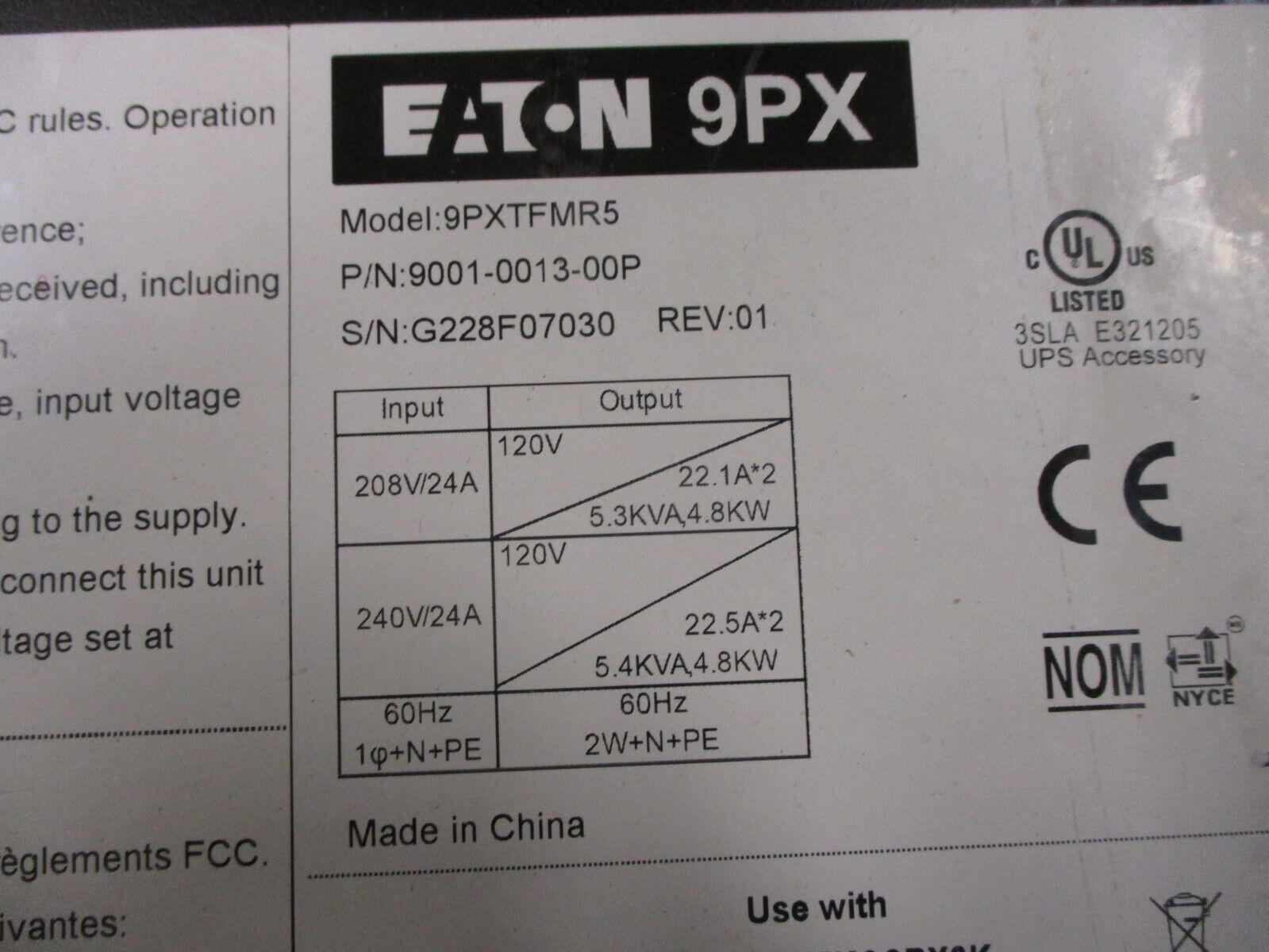 Eaton 9PXTFMR5 Step-Down Transformer 9001-0013-00P Rev. 01 Used