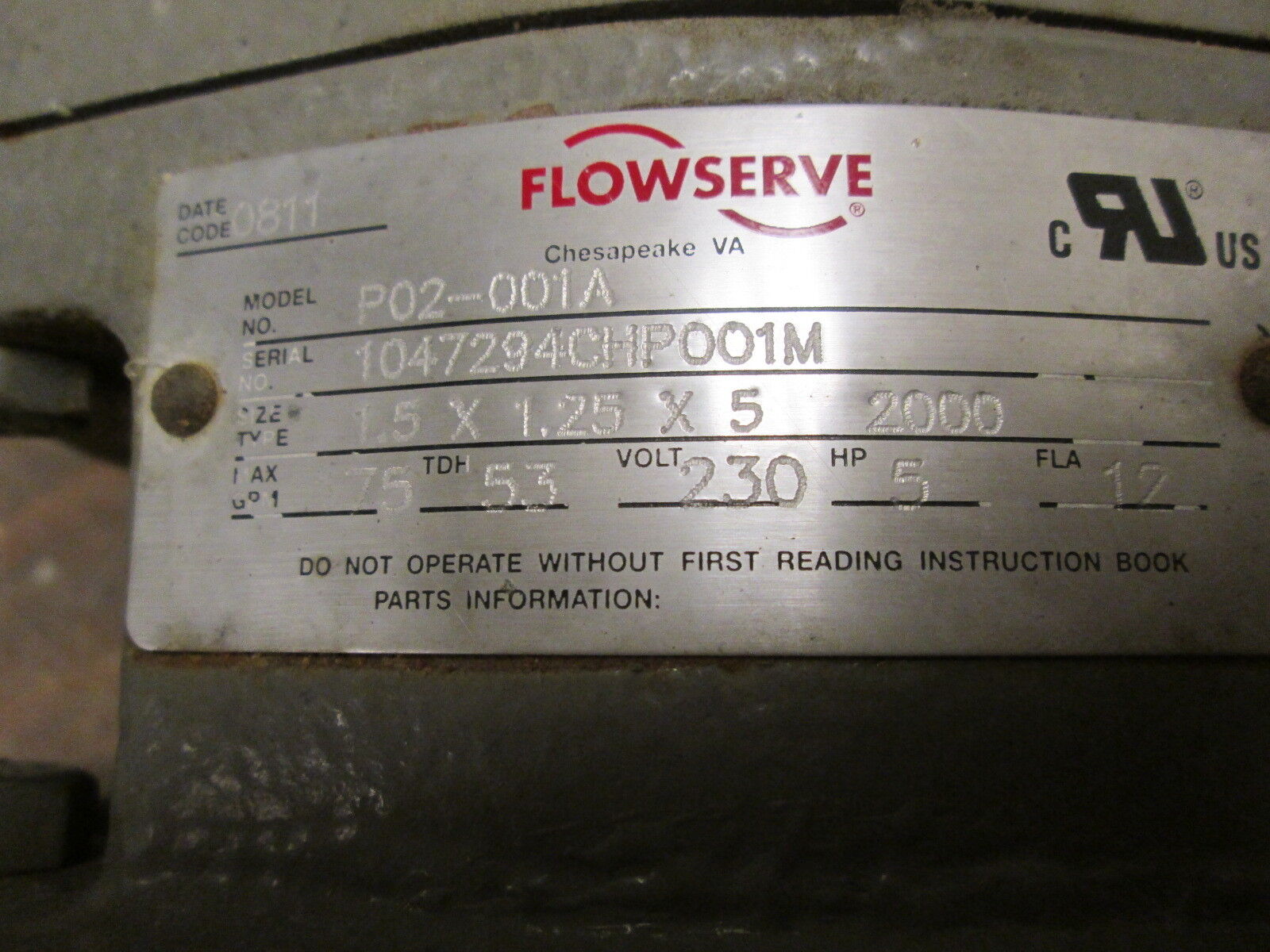 Flowserve Pump W/ Motor P02-001A Size:1.5X1.25X5 2000 5HP 230V 175GPM 53TDH Used
