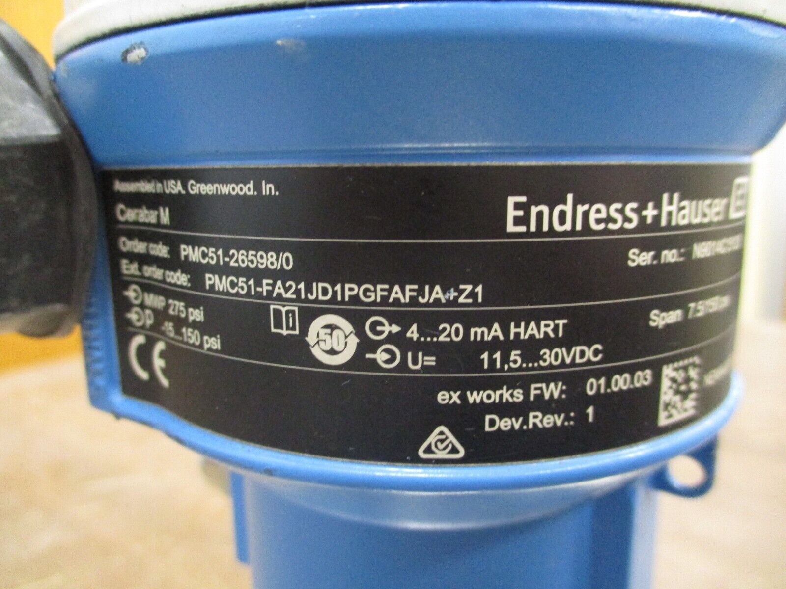 Endress + Hauser Cerabar M Pressure Transmitter PMC51-26598/0 Rev. 1 Used