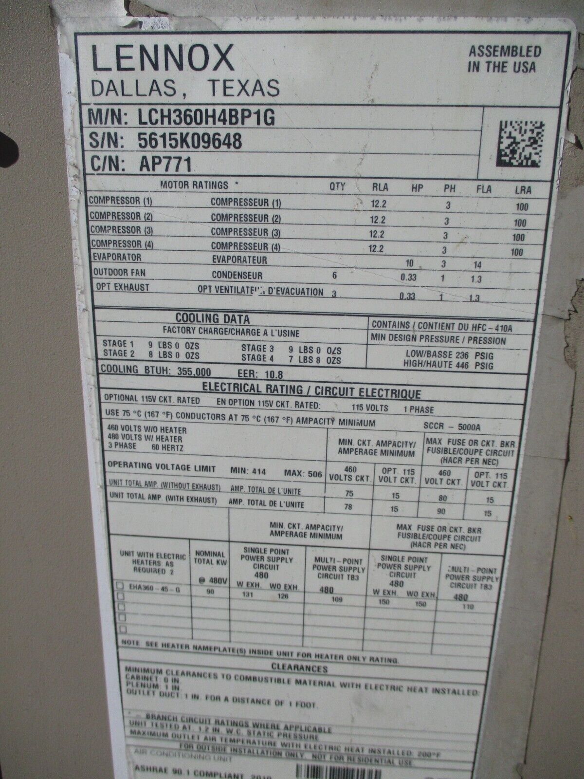 Lennox LCH Rooftop Unit LCH360H4BP1G 30 Ton Electric Heat 68.9KW Heat 480V 3Ph