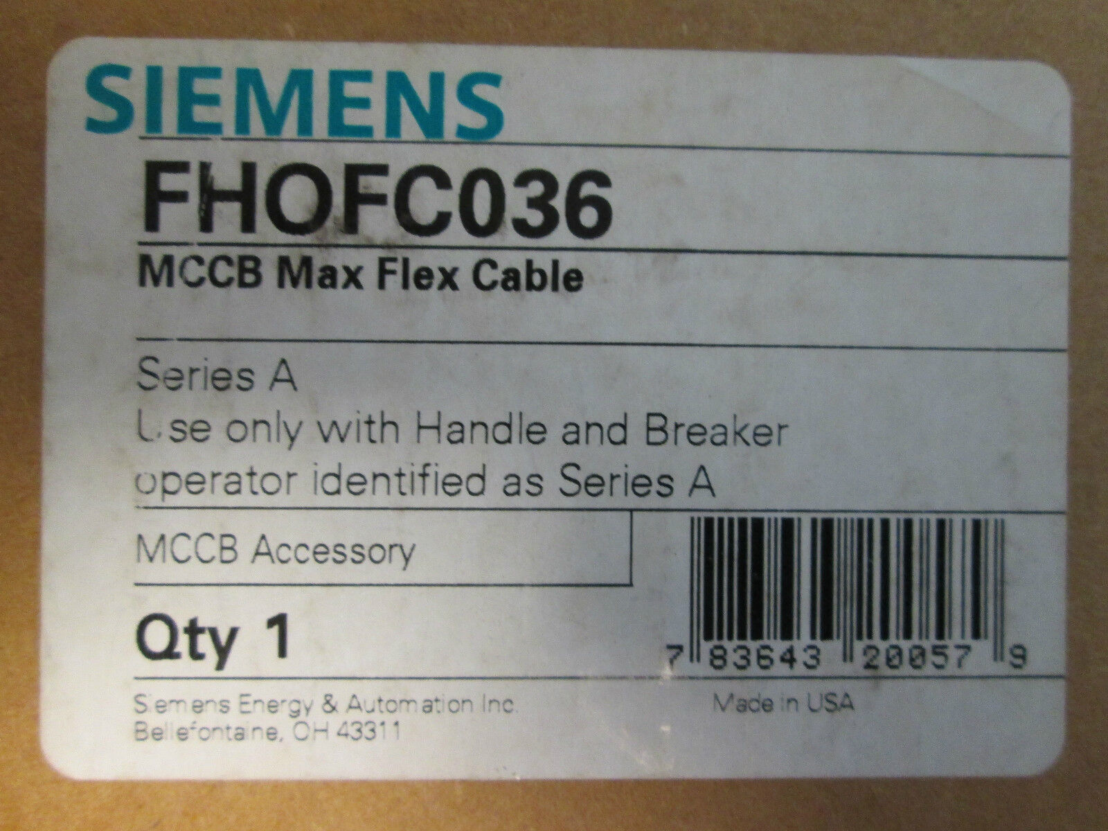 Siemens MCCB Mas Flex Cable Series A FHOC036 New Surplus