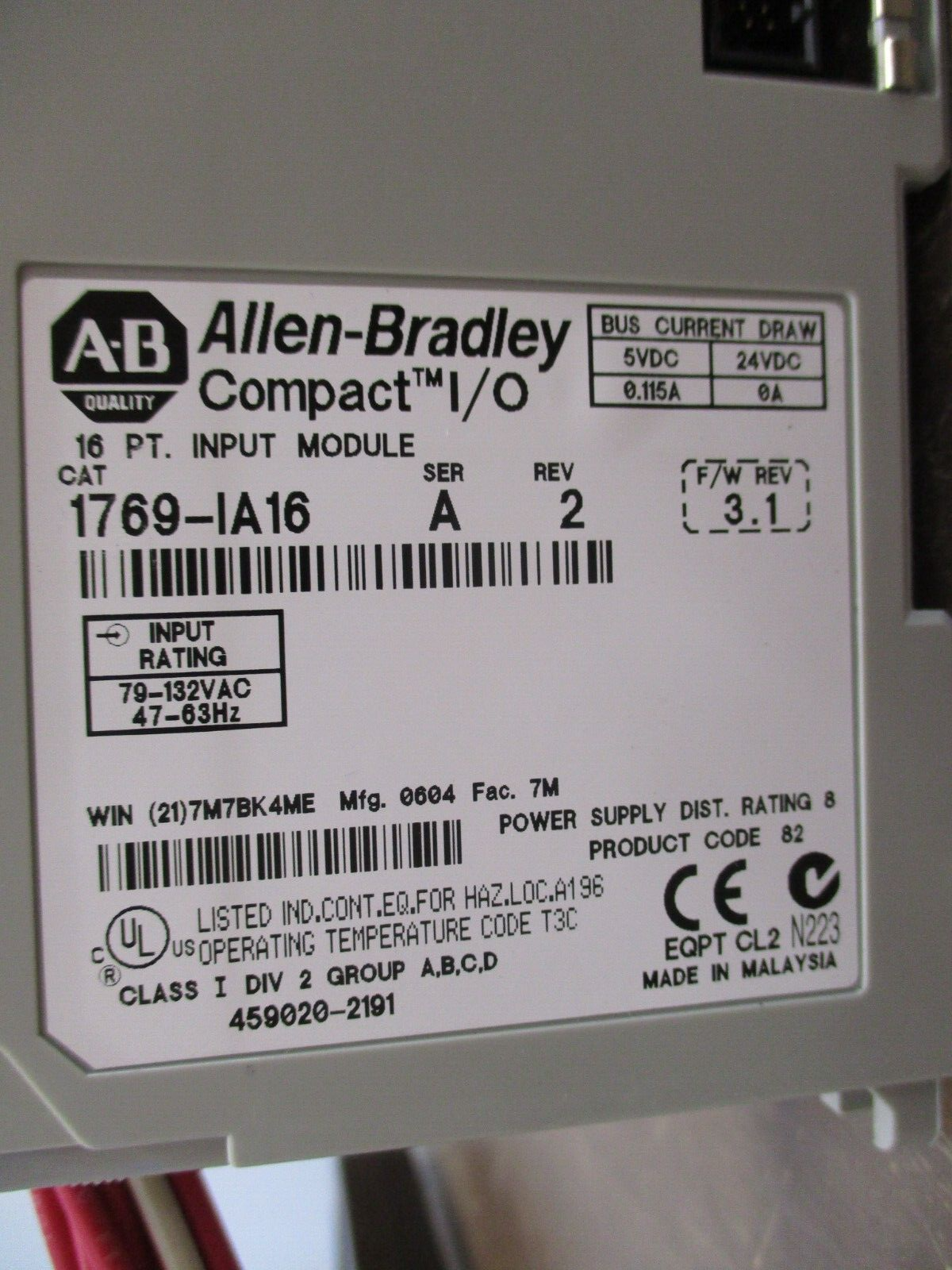 Allen-Bradley Compact I/O Input Module 1769-IA16 Ser. A Rev. 2 F/W Rev. 3.1 Used