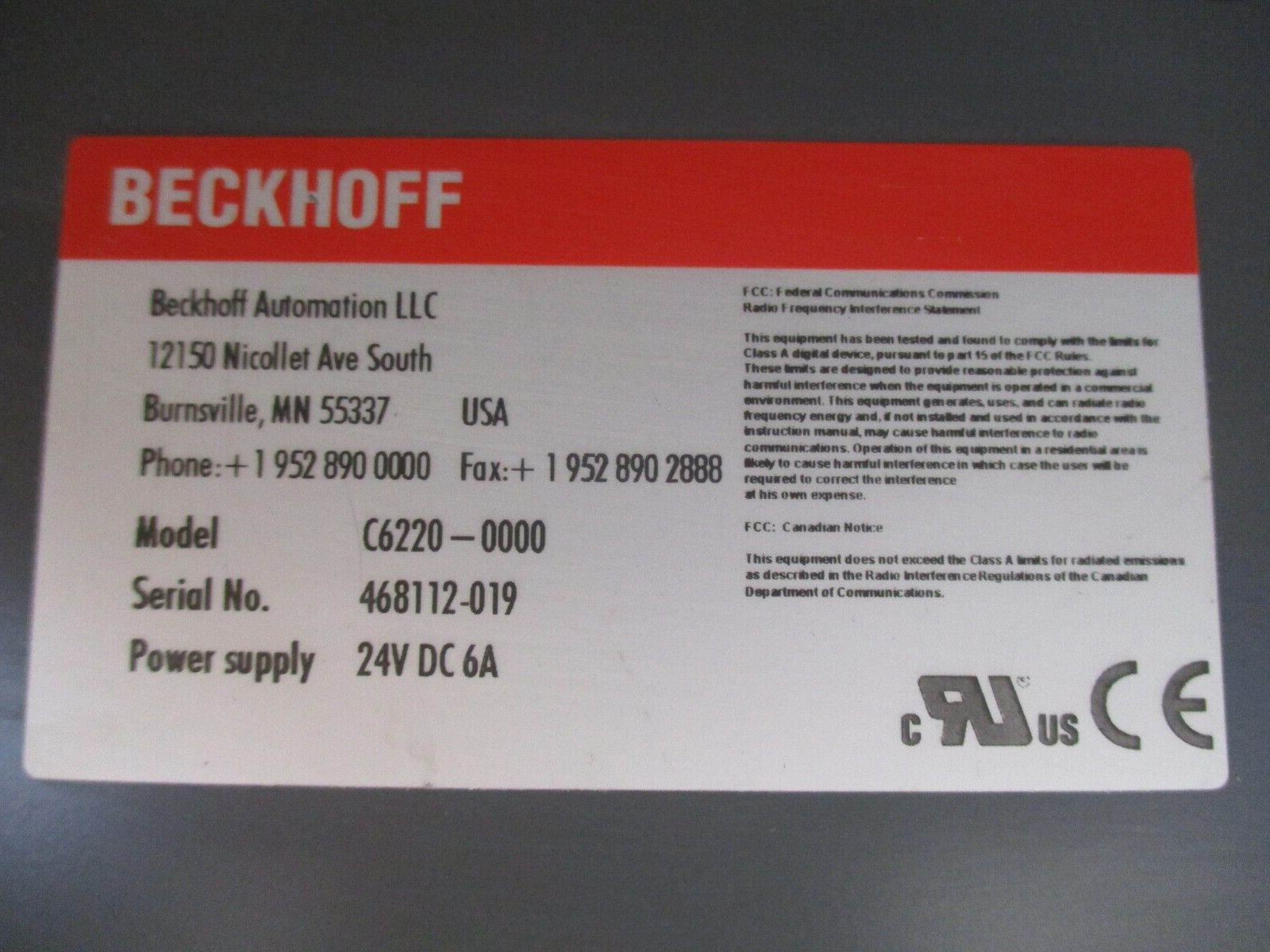 Beckhoff Control Cabinet PC C6220-0000 24VDC 6A Used