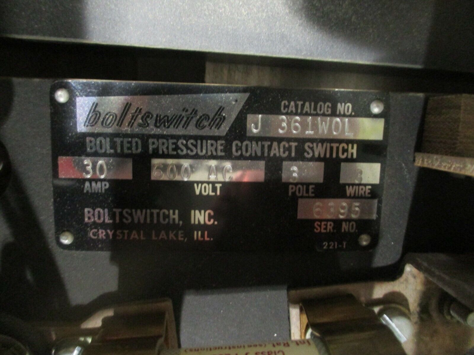 Boltswitch Bolted Pressure Contact Switch J 361WOL 30A 600V 3P 3W 20A Fuses Used
