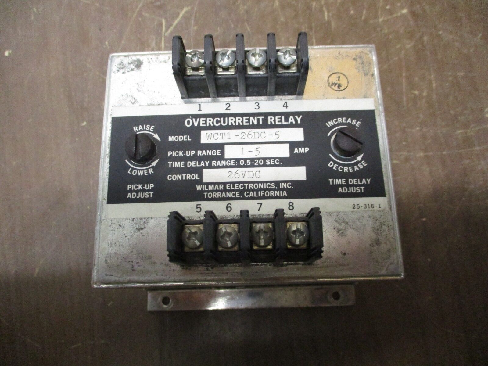 Wilmar Overcurrent Relay WCT1-26DC-5 Pick-Up: 1-5A Delay: 0.5-20 Sec Used