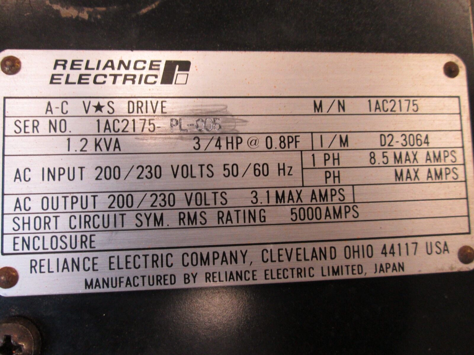 Reliance AC Drive 1AC2175 3/4HP Used