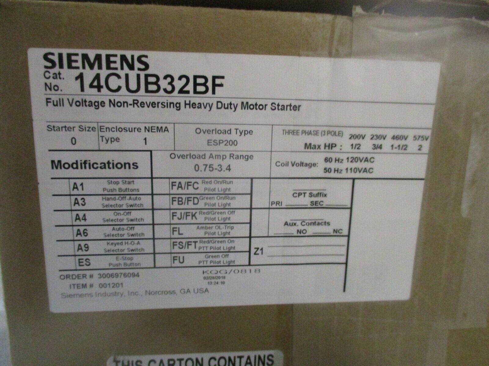 Siemens Enclosed Size 0 Starter 14CUB32BF 120V Coil Trip: 0.75-3.4A New Surplus