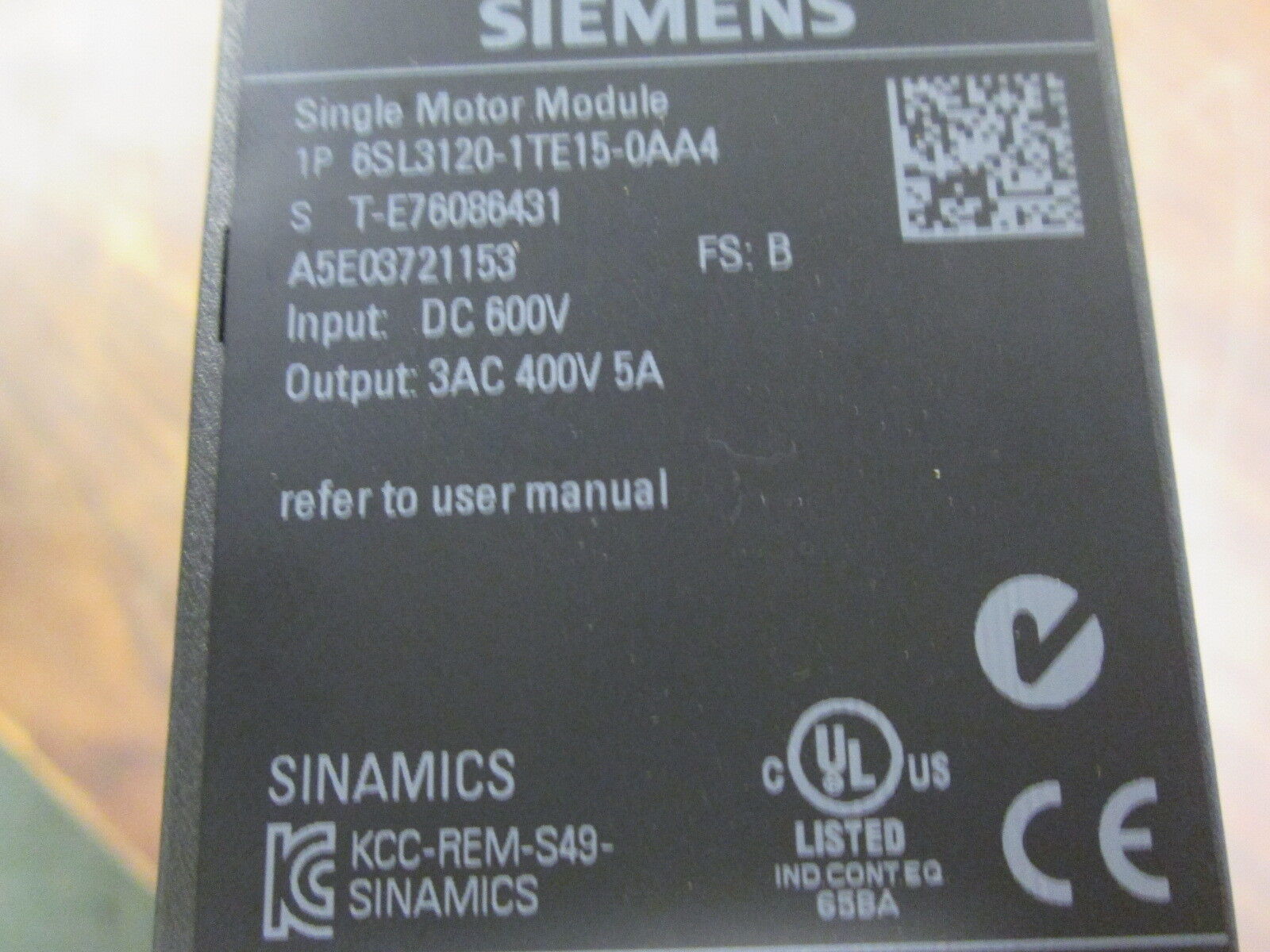 Siemens Sinamacs Single Motor Module 6SL3120-ITE15-0AA4 Input: 600V DC Used