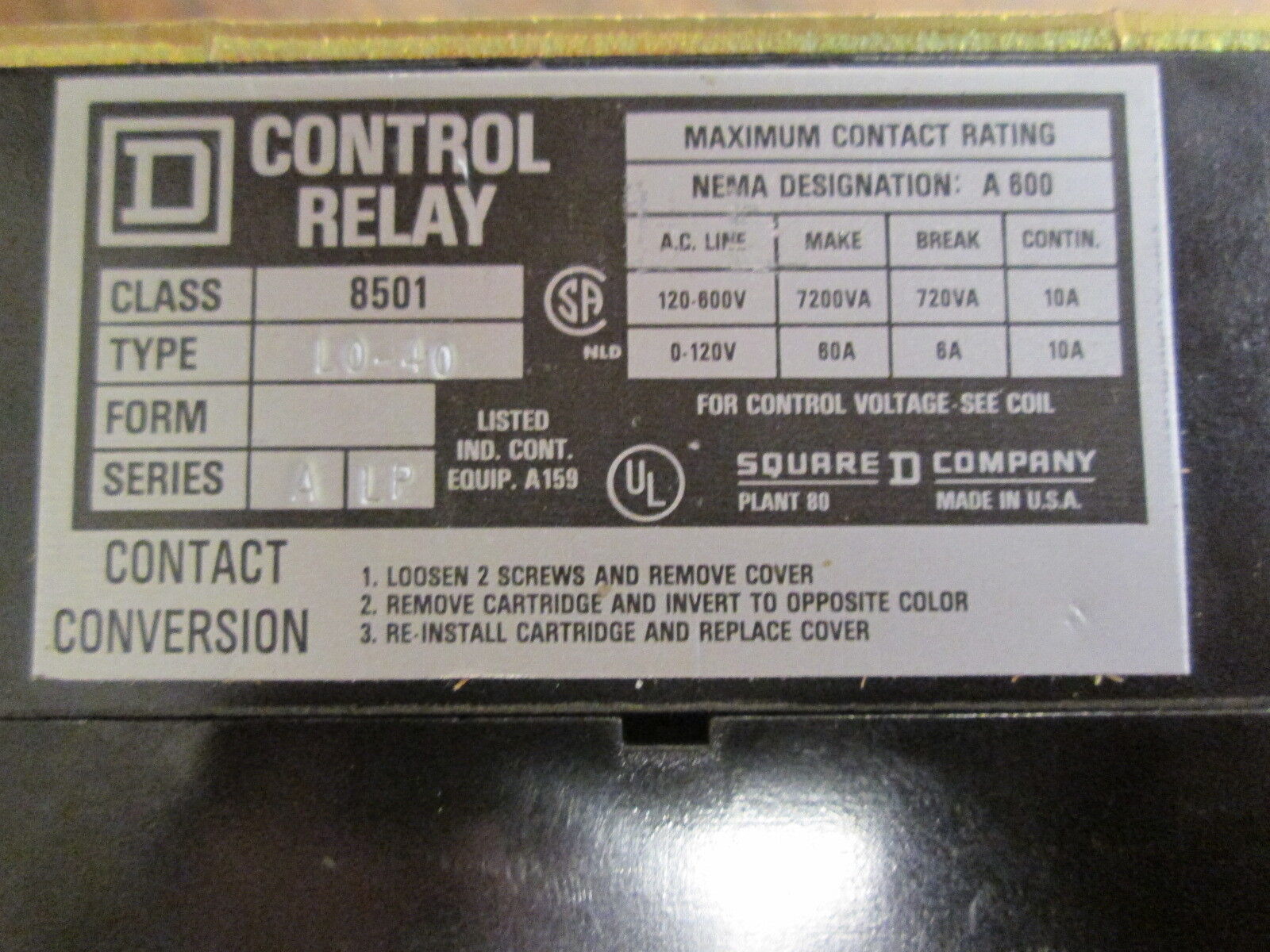Square D Control Relay 8501 L0-40 A LP 120V Coil 8P 0-600V Used