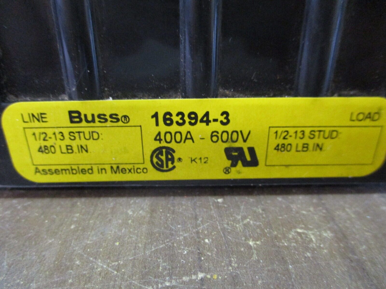 Buss Power Distribution Block 16394-3 400A 600V 3P Line: 1/2-13 STUD Used