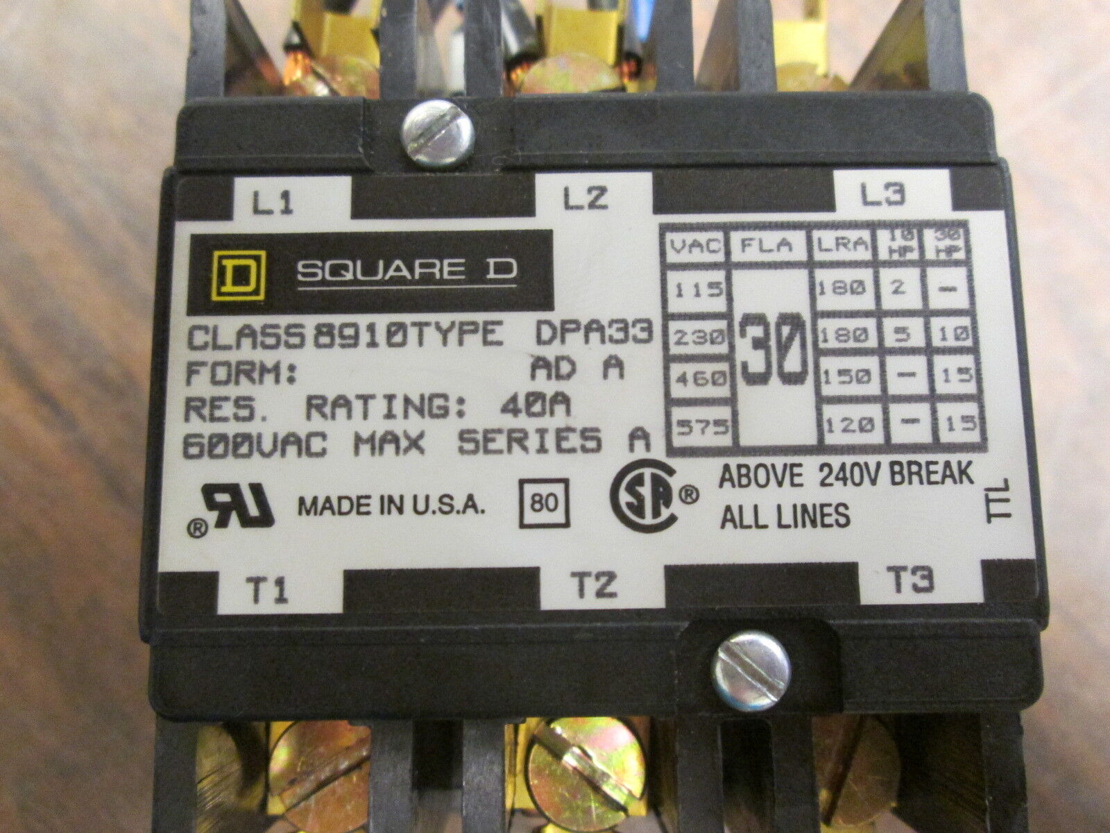 Square D Contactor 8910 DPA 33 120V Coil 30A Used