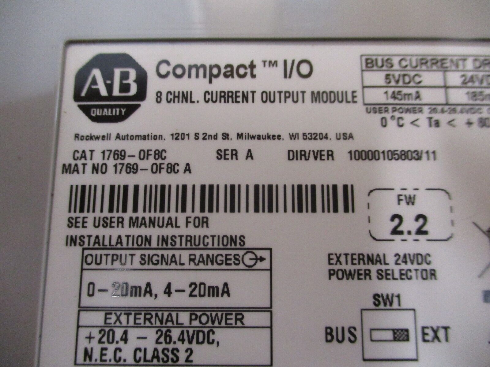 Allen-Bradley Compact I/O Current Output Module 1769-OF8C Ser. A F/W Rev. 2.2