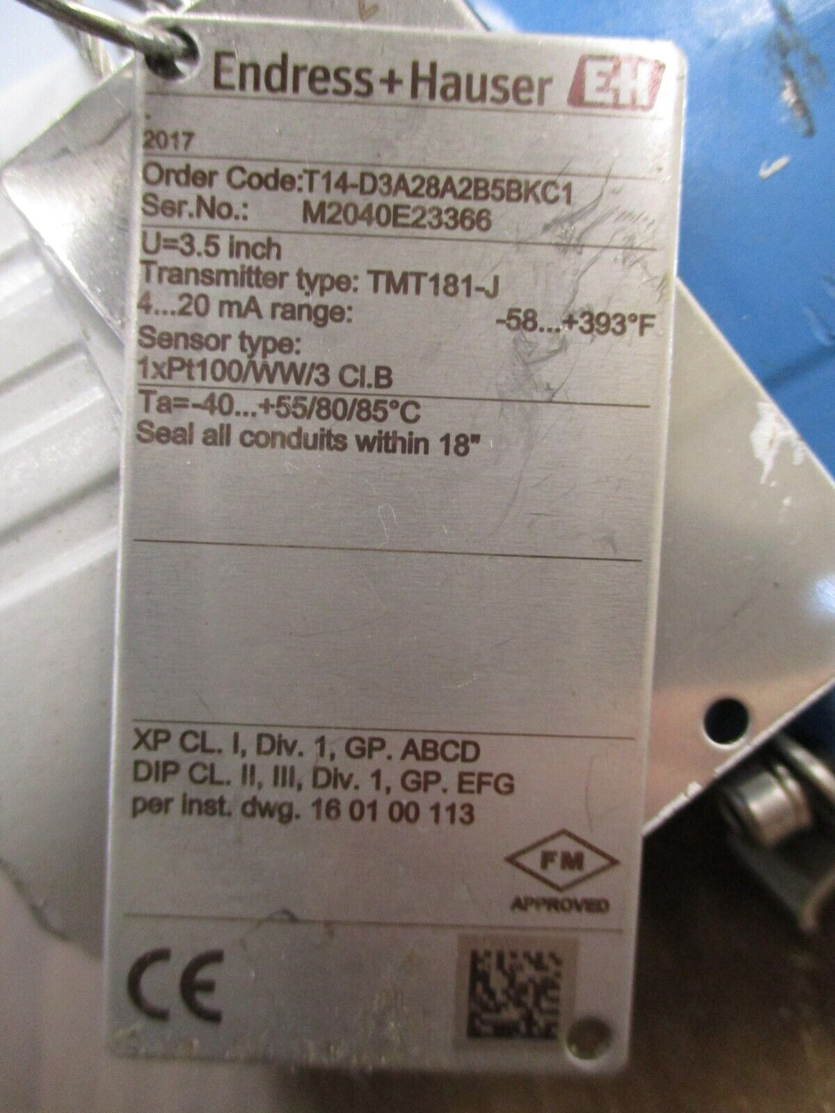 Endress + Hauser Temperature Sensor T14-D3A28A2B5BKC1 Range: -58 - 393°F Used