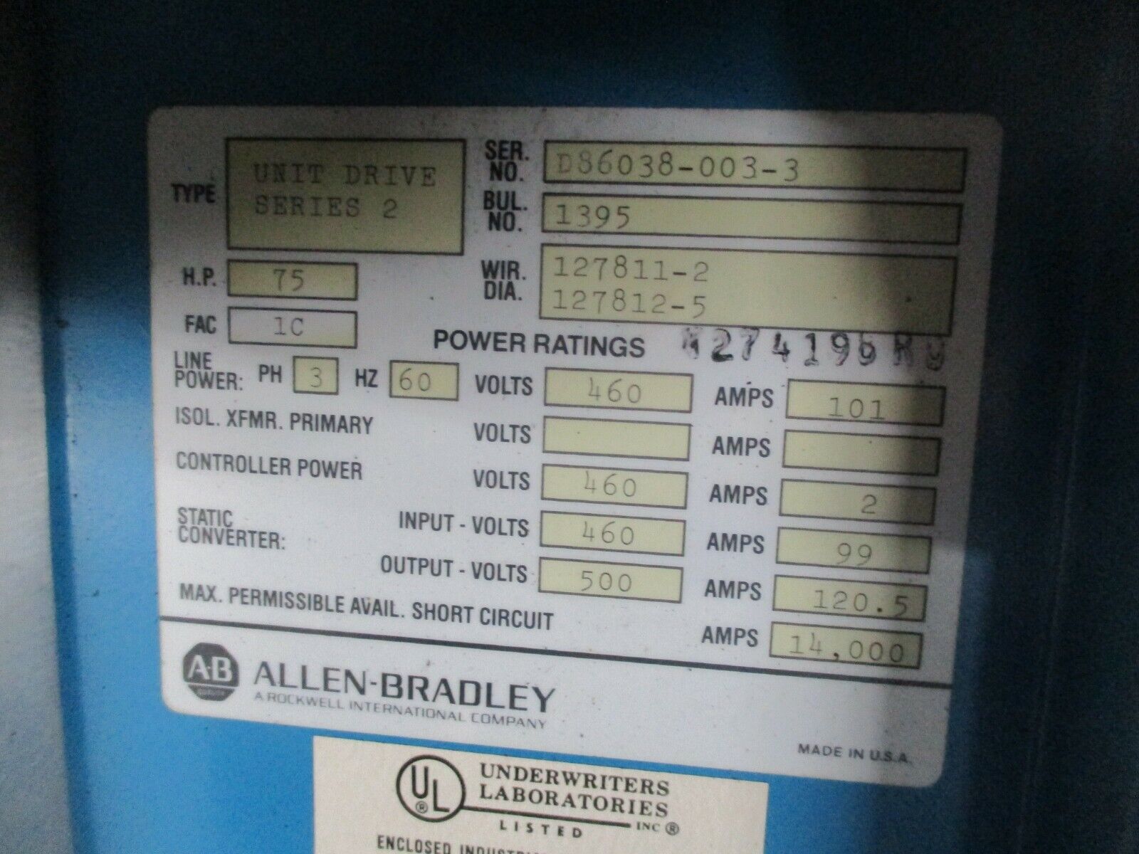 Allen-Bradley Series 2 DC Unit Drive 1395-AR-1B-A140-FE1-CF1-LD-AD-SA 75HP Used