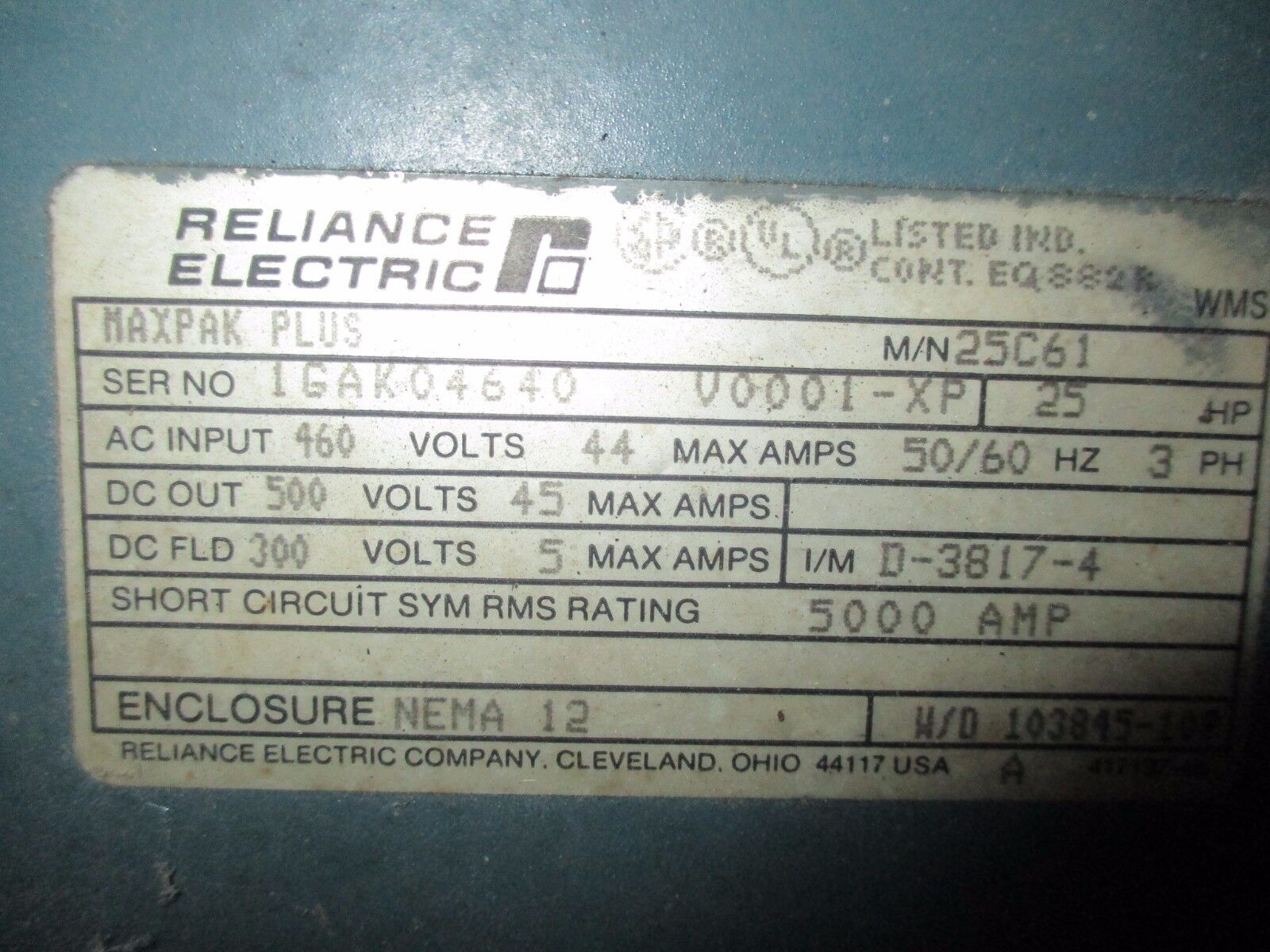 Reliance DC Drive 25C61 25HP *Broken Hinges* Used
