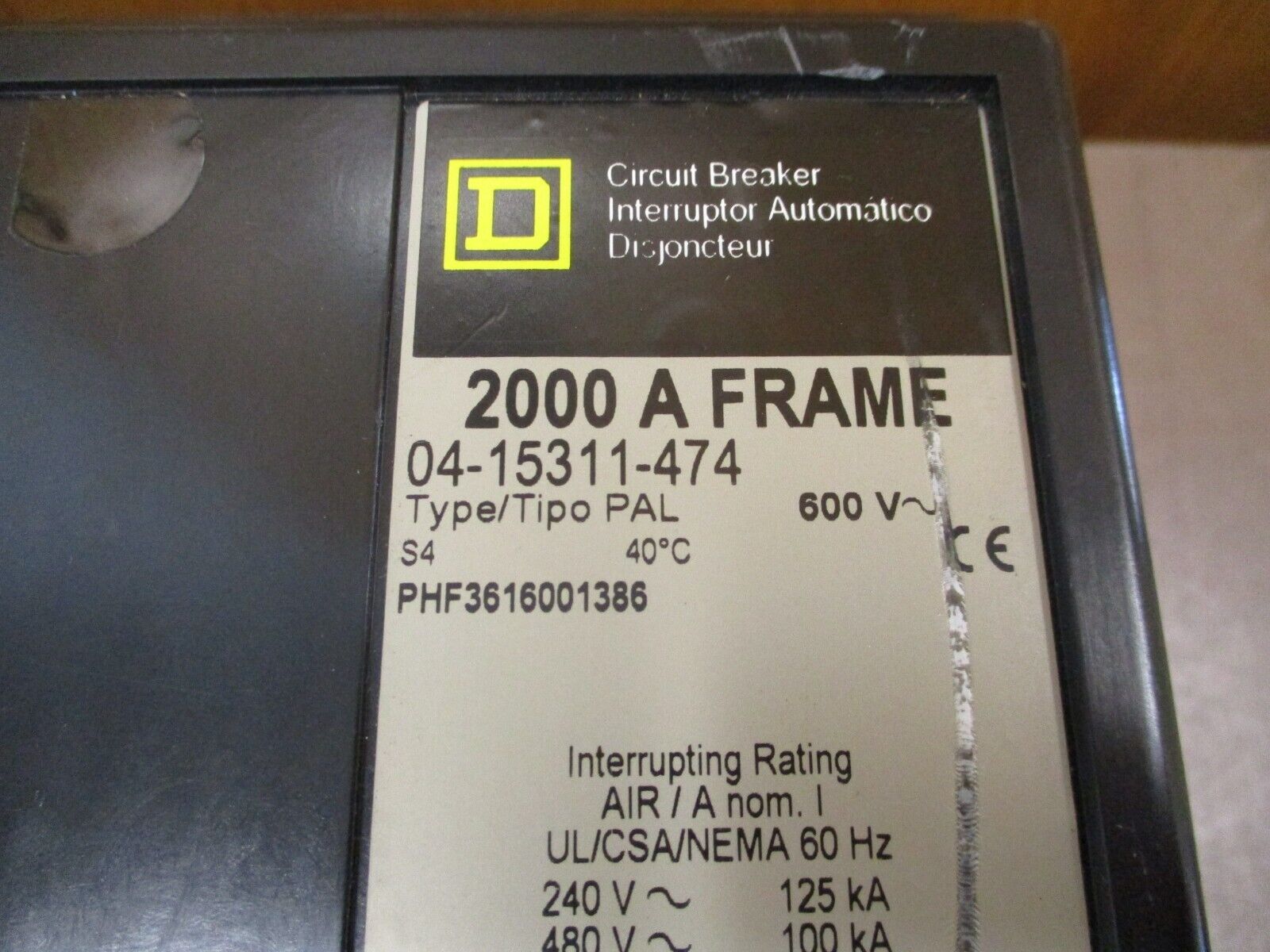 Square D Circuit Breaker PHF3616001386 1600A 600V Used