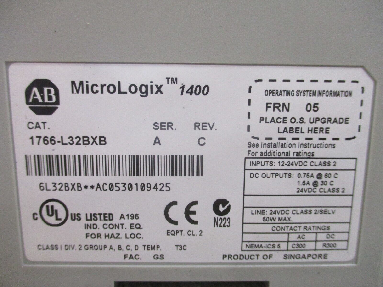 Allen-Bradley MicroLogix 1400 Controller 1766-L32BXB Ser. A Rev. C FRN. 05 Used