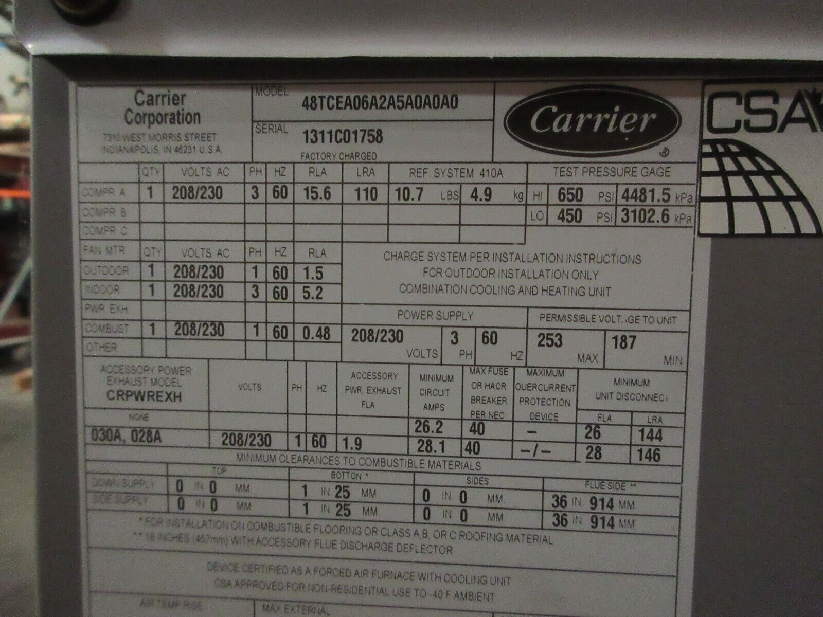 Carrier Rooftop Unit 48TCEA06A2A5A0A0A0 5-Ton 208/230V 3Ph w/ Heat MFD 2011 Used