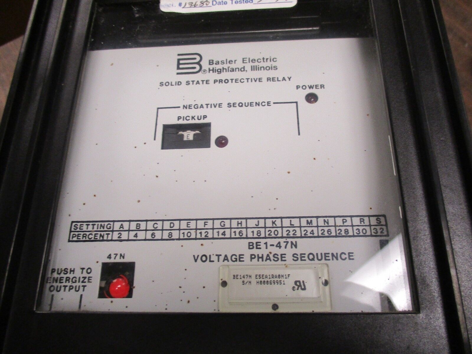 Basler Electric Voltage Phase Sequence Relay BE1-47N Style #: E5EA1RA0H1F Used