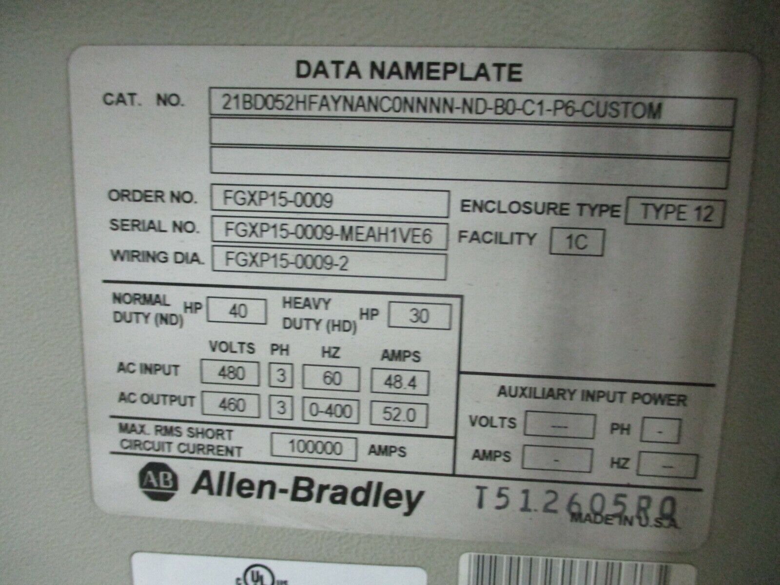 Allen-Bradley PowerFlex 700 AC Drive w/ Nema 12 Enclosure 40HP 3Ph 480V Used