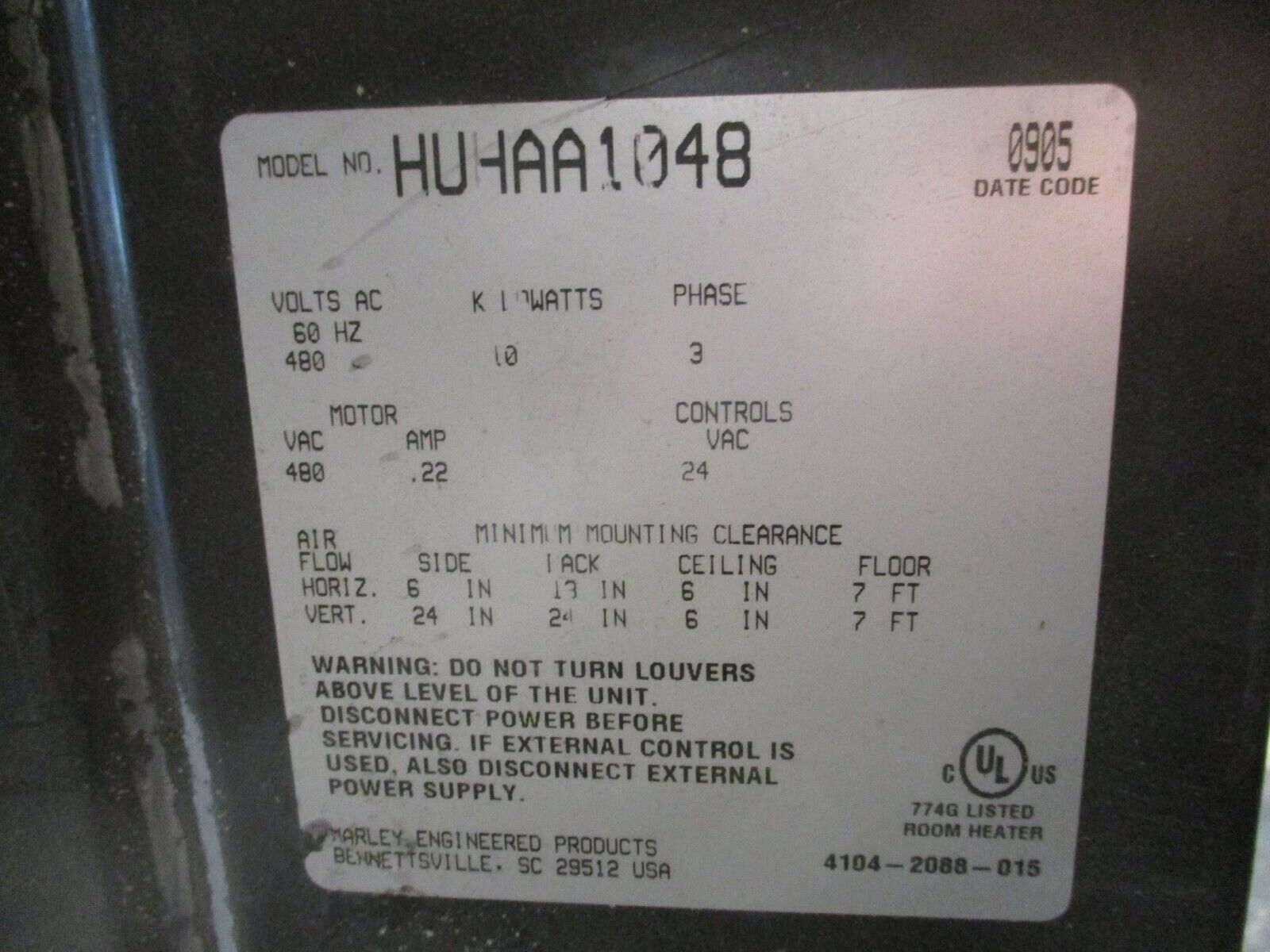 Marley Berko Heater HUHAA1048 480V 60Hz 3Ph 10kW Used