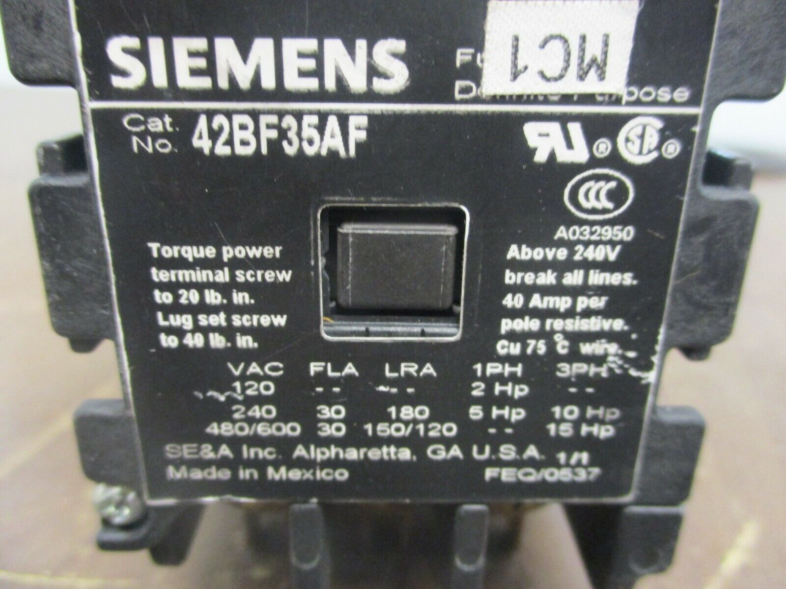Siemens Contactor 42BF35AF 120V Coil 30A 600V Used