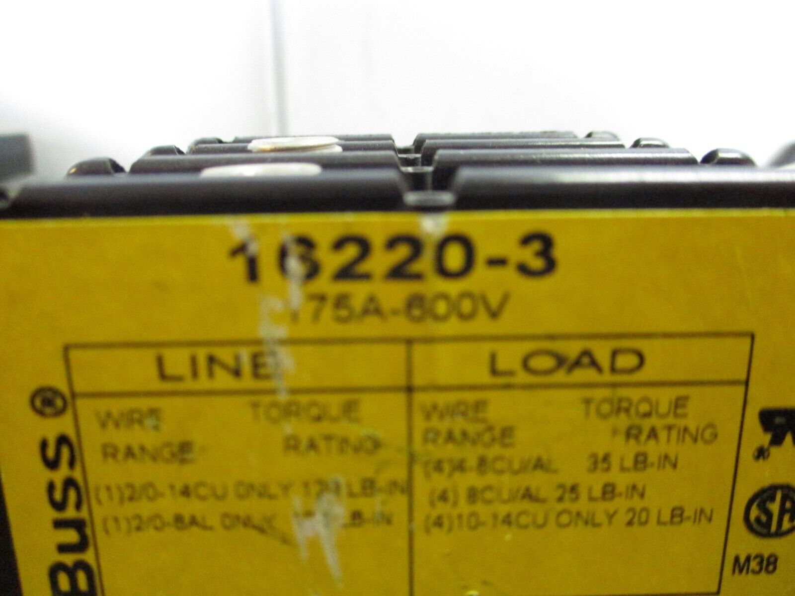 Buss Power Distribution Block 16220-3 175A 600V 3P Line: 2/0-14 Used