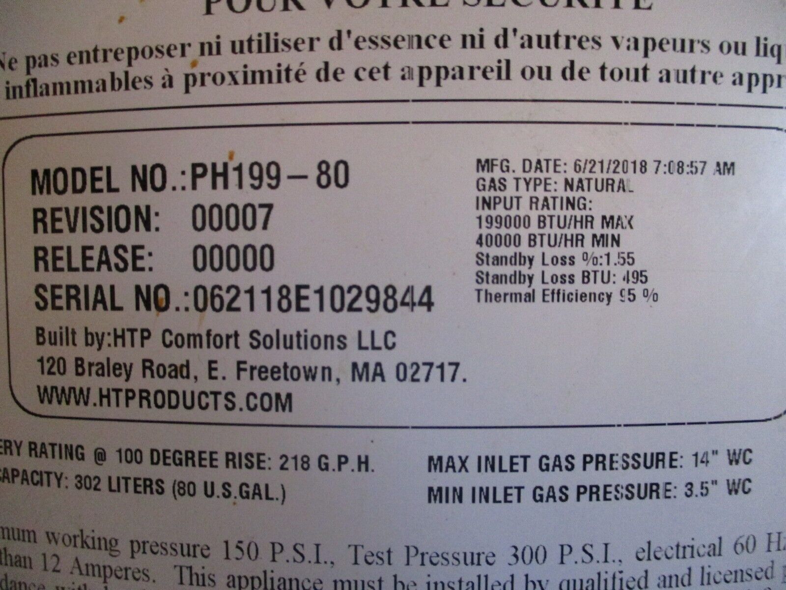 HTP Phoenix Water Heater PH199-80 Rev. 00007 80-Gallon Natural Gas 199,000 BTU