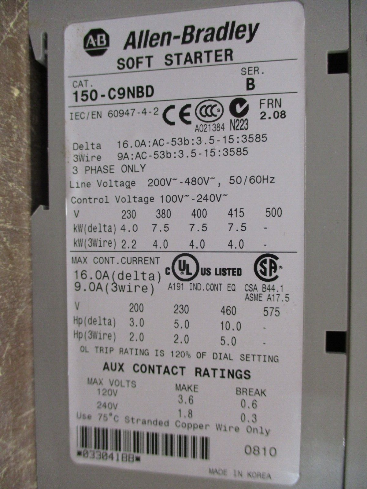 Allen-Bradley SMC-3 Soft Start 150-C9NBD Ser. B FRN 2.08 Used