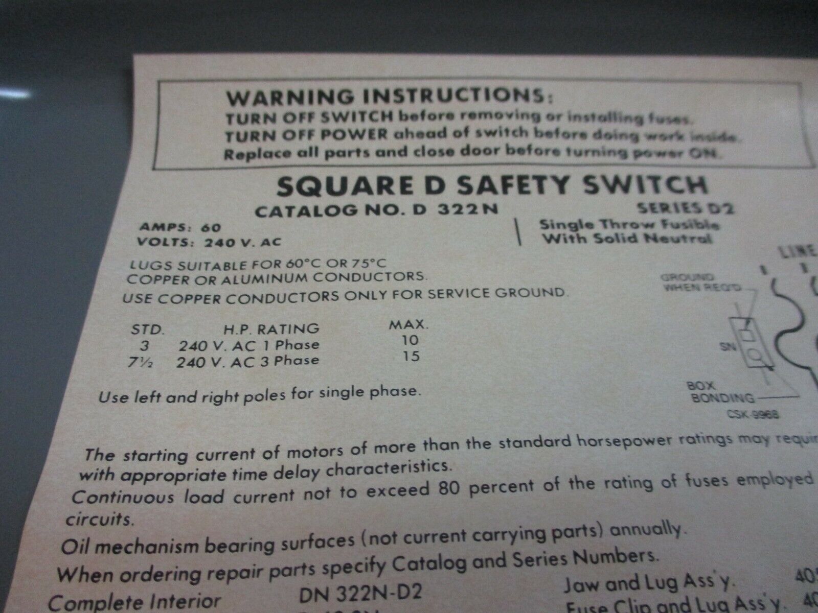 Square D Fusible Safety Switch/Disconnect D-322N 60A 240V Used