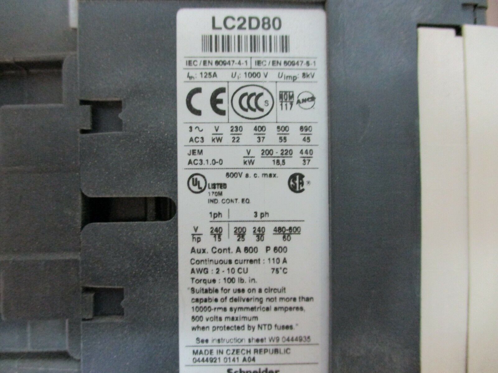 Telemecanique Reversing Contactor, LC1 D8011, 120V Coil, 110A  Used