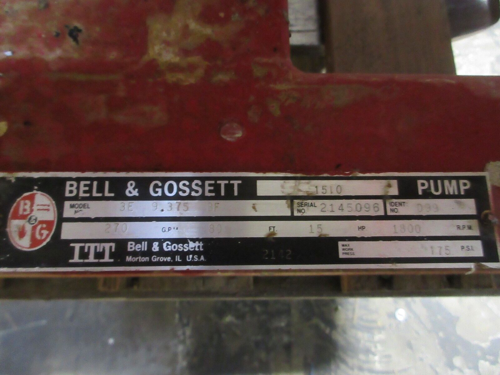 Bell & Gossett 1510 Pump 3E 9.375 BF 15HP 270GPM 80FT Head 1800RPM Used