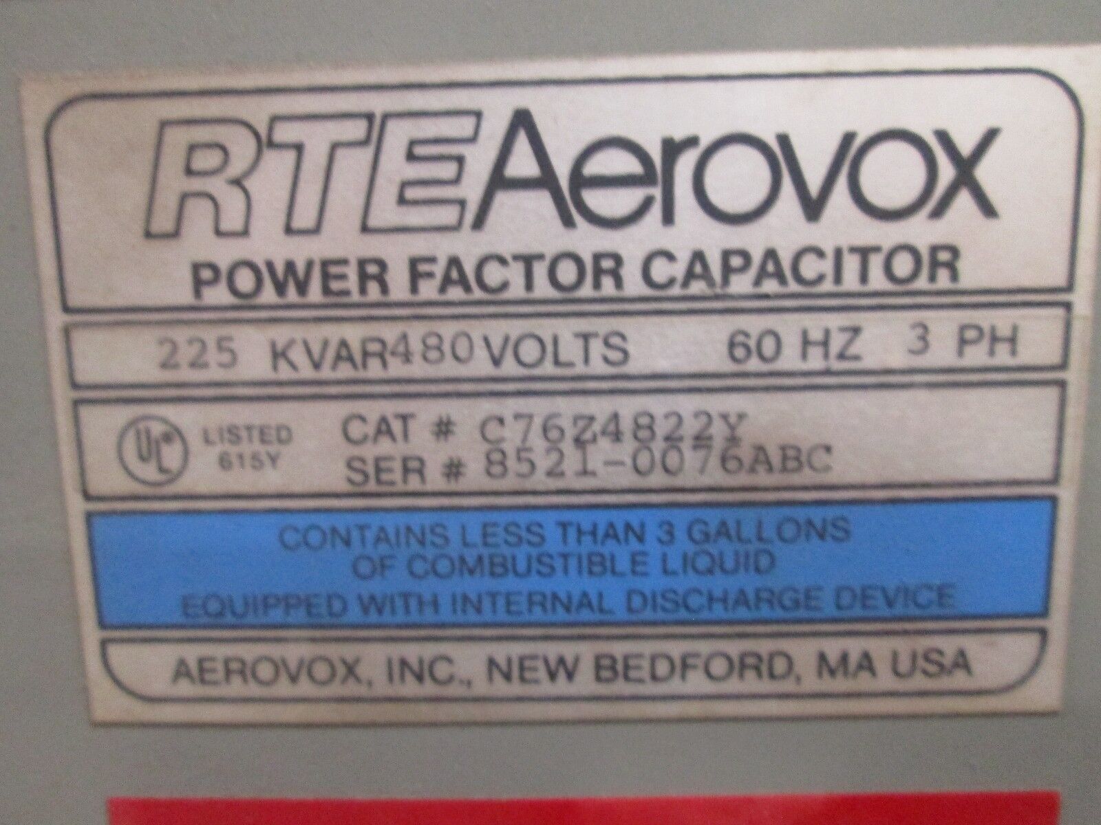 Aerovox Power Factor Capacitor C76Z4822Y 225 KVAR 480V 3Ph Used