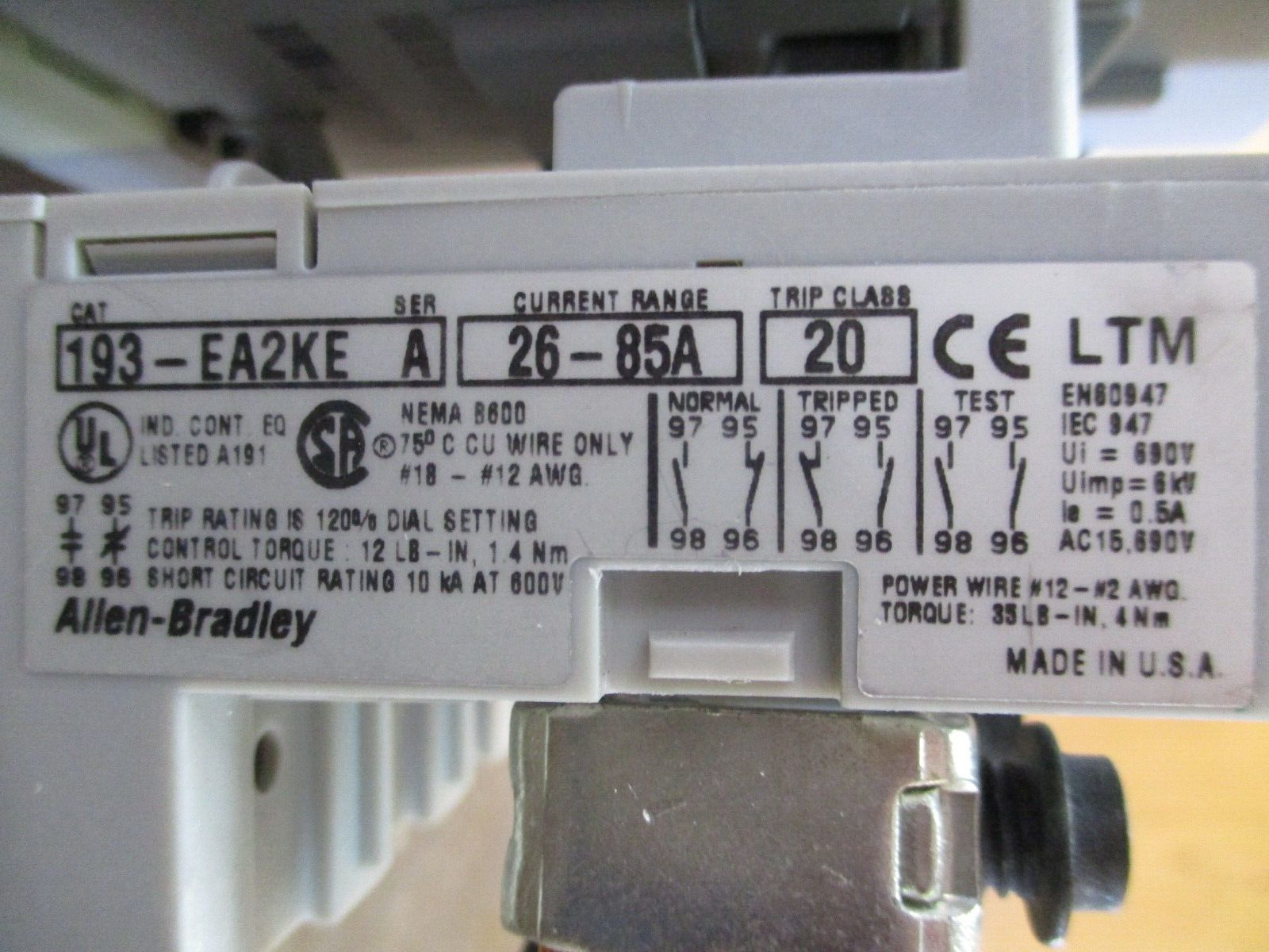 Allen-Bradley Starter 100-C72*00 / 193-EA2KE 120V Coil Trip: 26-85A 600V Used