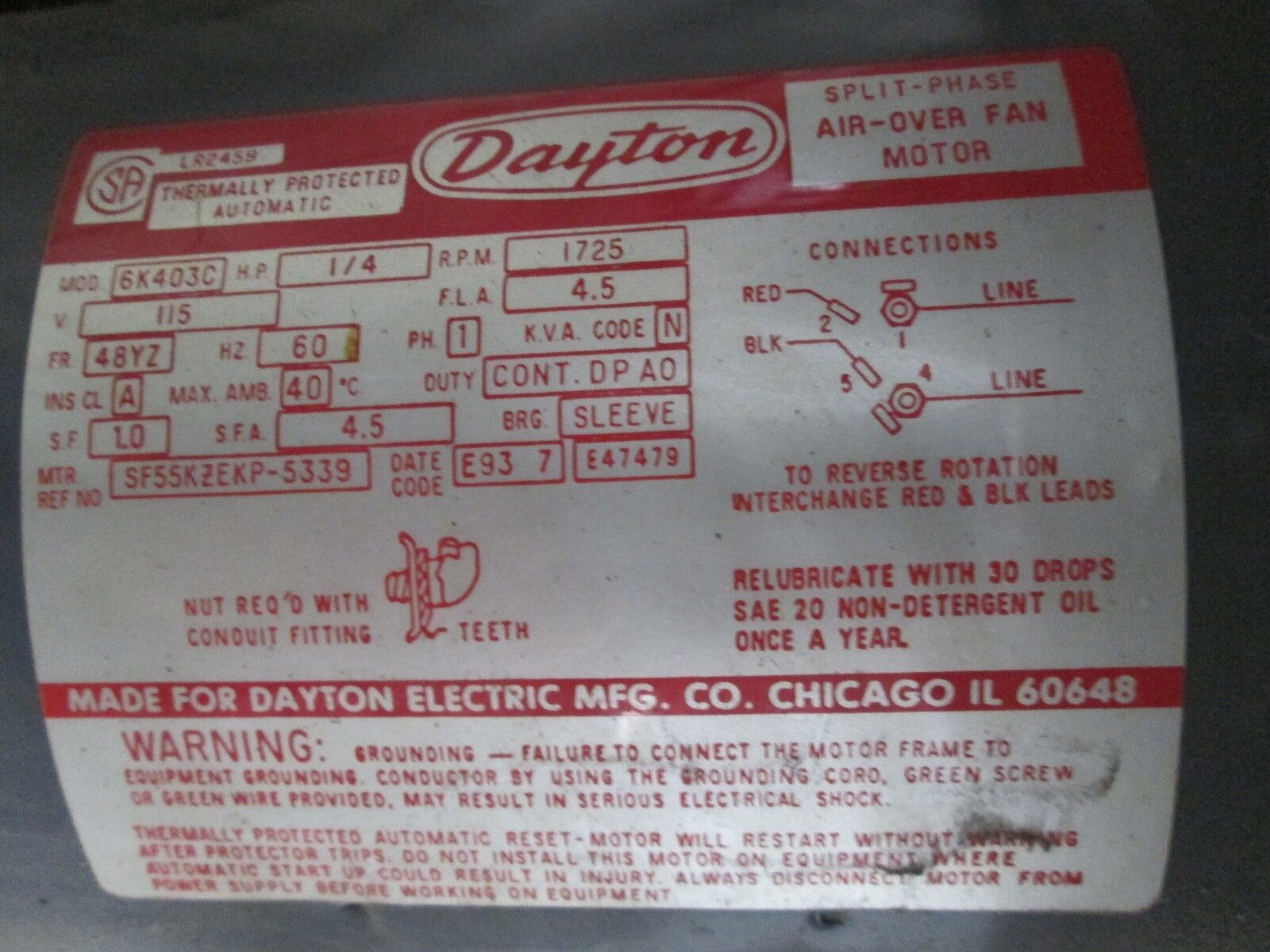 Dayton Exhaust Fan 24" fan w/ mount Motor: 6K403C 1/4HP 1Ph 115V 4.5A Used