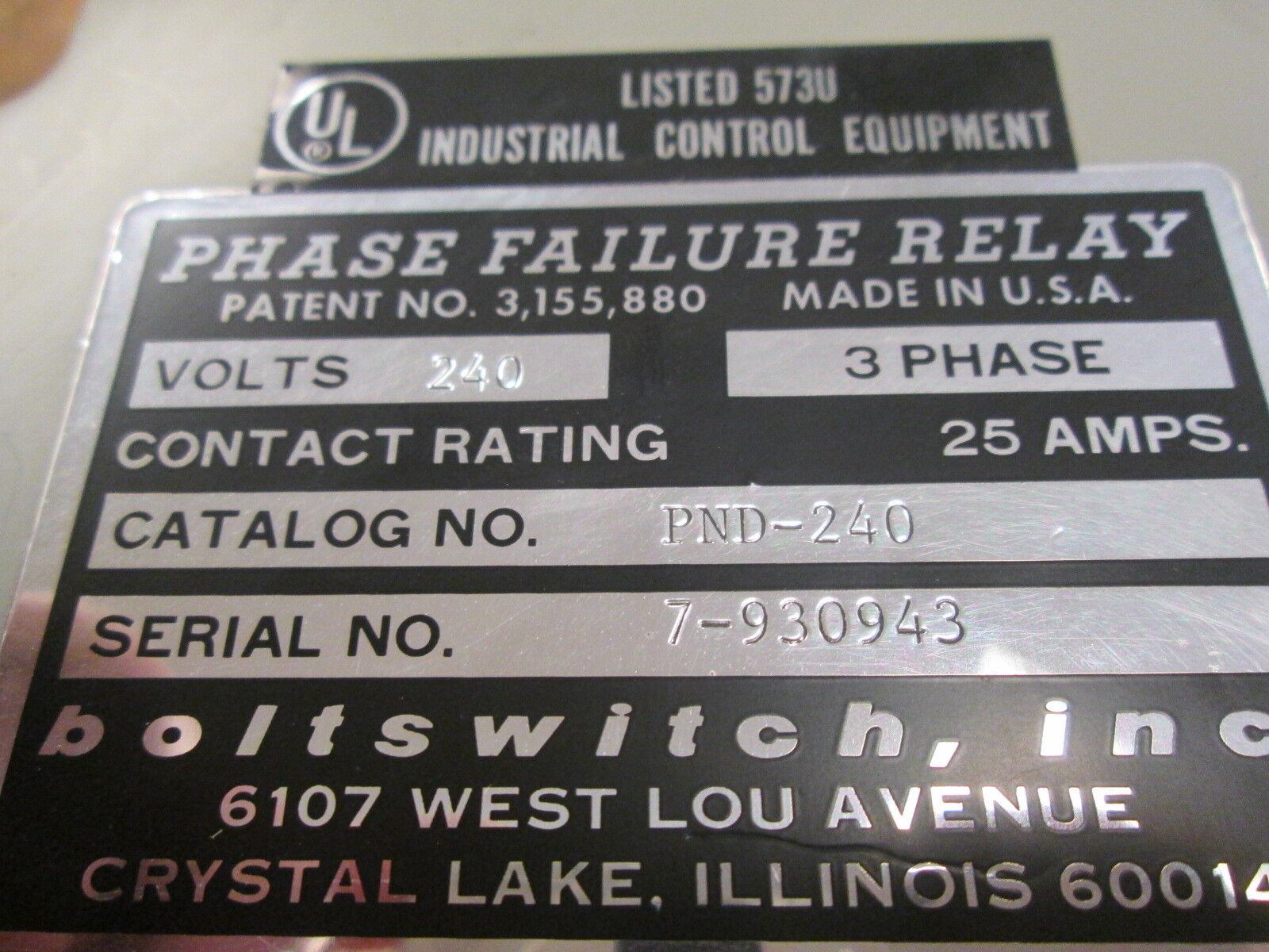 Boltswitch Phase Failure Relay PND-240 25A 240V 3Ph New Surplus