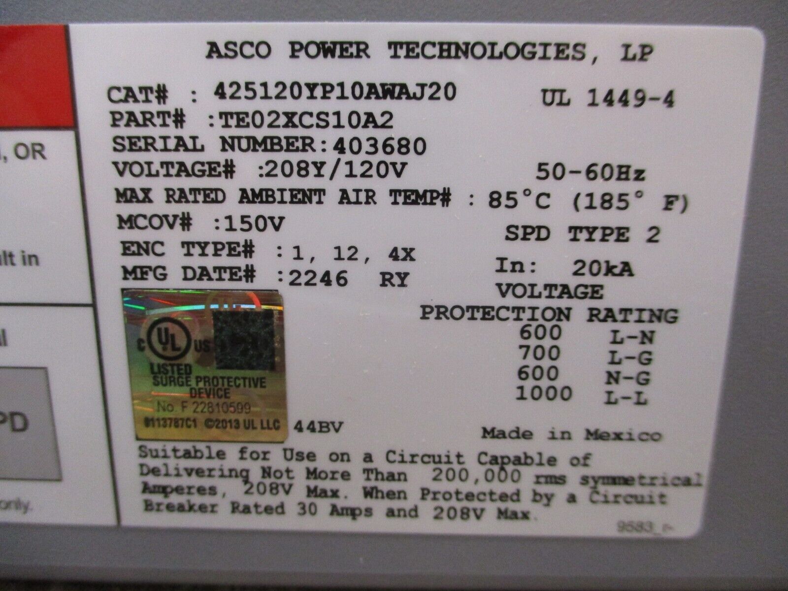 ASCO 400 Series Surge Protective Device 425120YP10AWAJ20 208Y/120V 50-60Hz