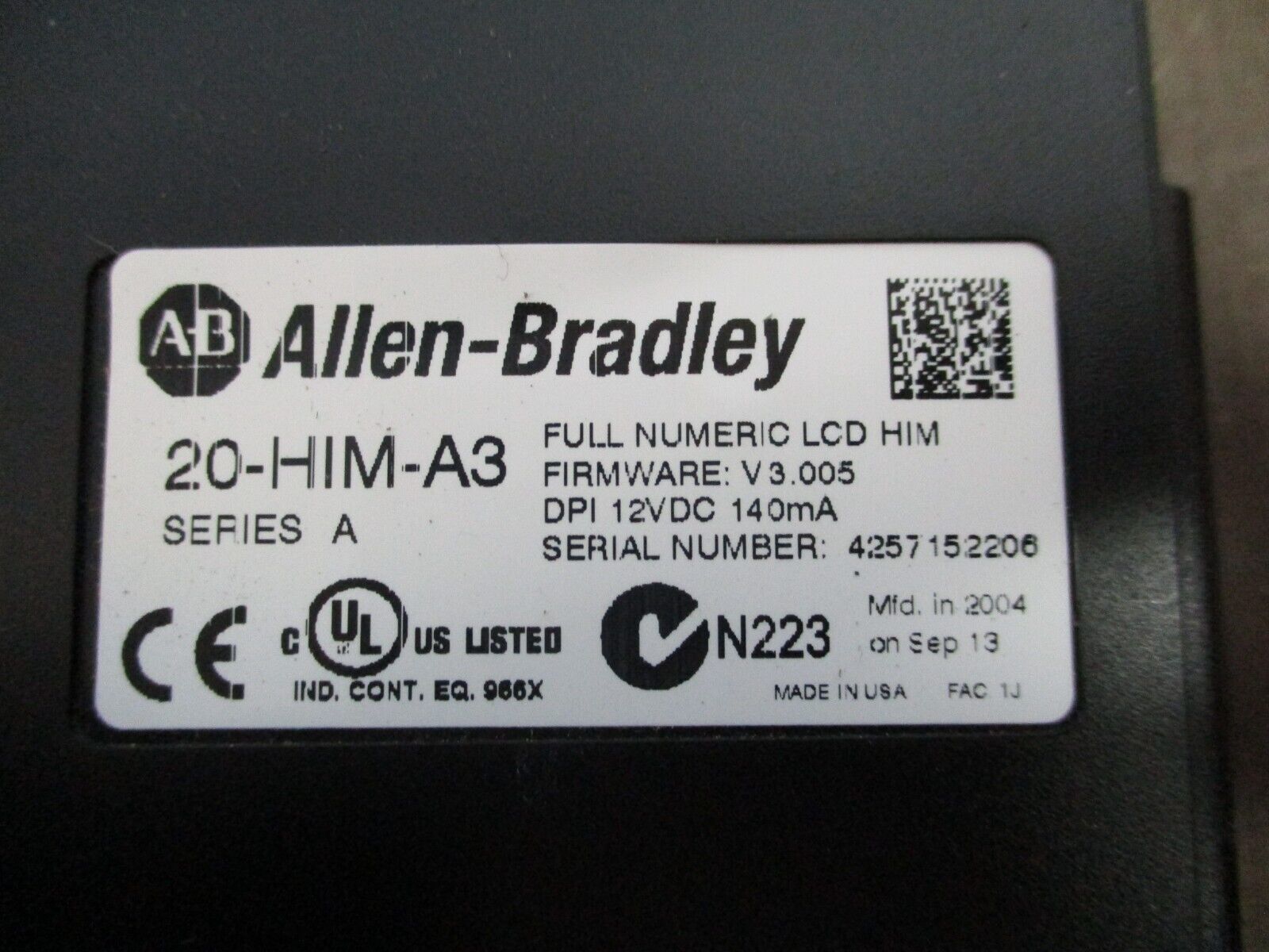 Allen-Bradley Keypad w/ External Mount 20-HIM-A3 Ser. A F/W: V3.005 Used